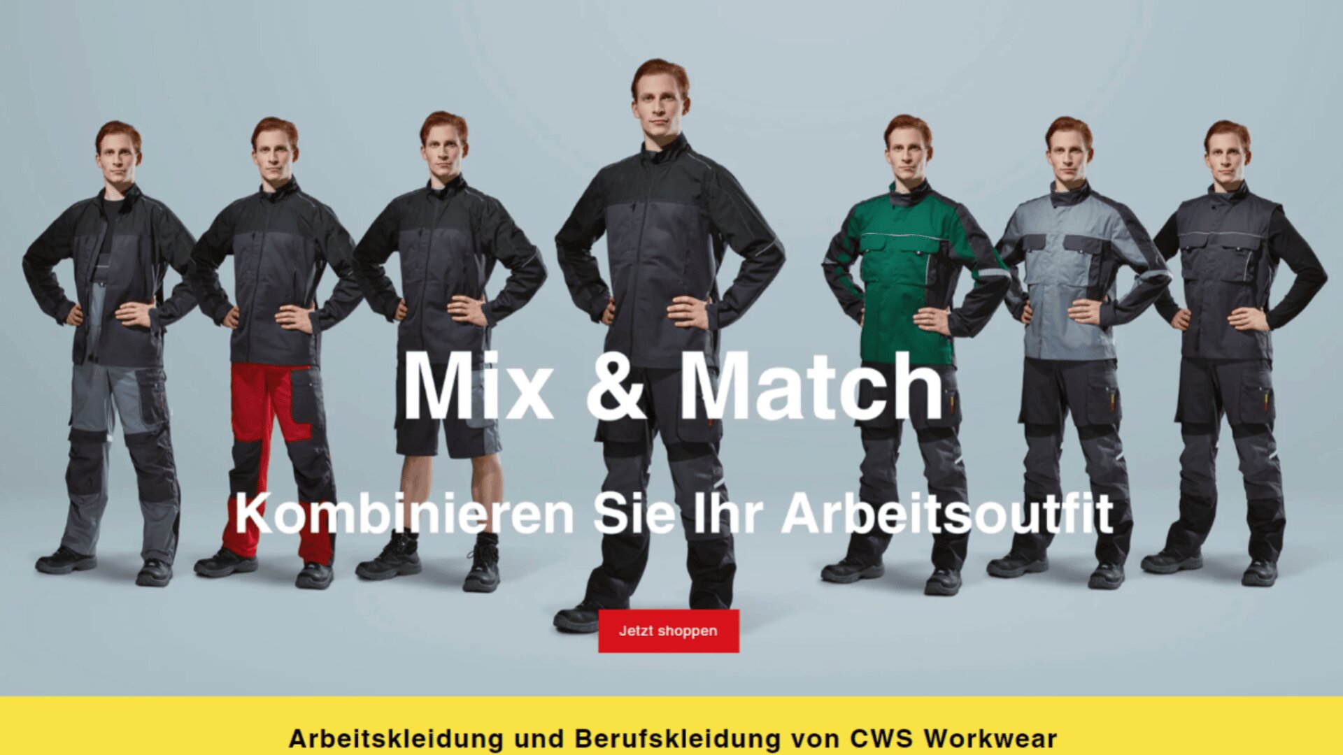 Sechs Personen stehen Seite an Seite und tragen jeweils unterschiedliche Arbeitskleidungskombinationen in verschiedenen Farben. Der Text lautet: Mix & Match kombinieren Sie Ihr Arbeitsoutfit. Auf einem roten Knopf steht „Jetzt shoppen“.