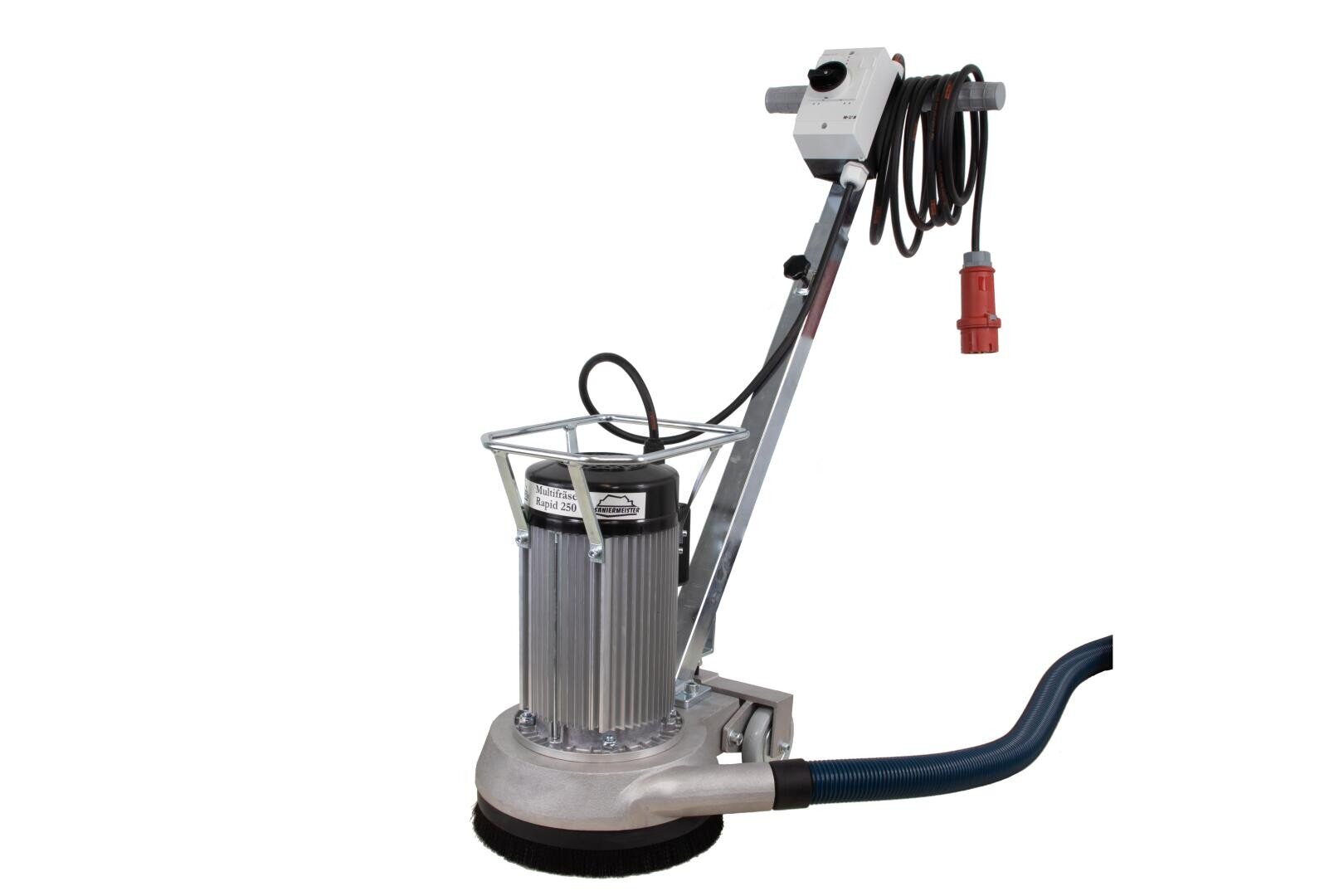 Eine kommerzielle Bodenschleifmaschine mit silbernem Metallrahmen, schwarzem Motor, angeschlossenem Steuerkasten, Netzkabel und einem blauen Vakuumschlauch, der an die Basis angeschlossen ist.