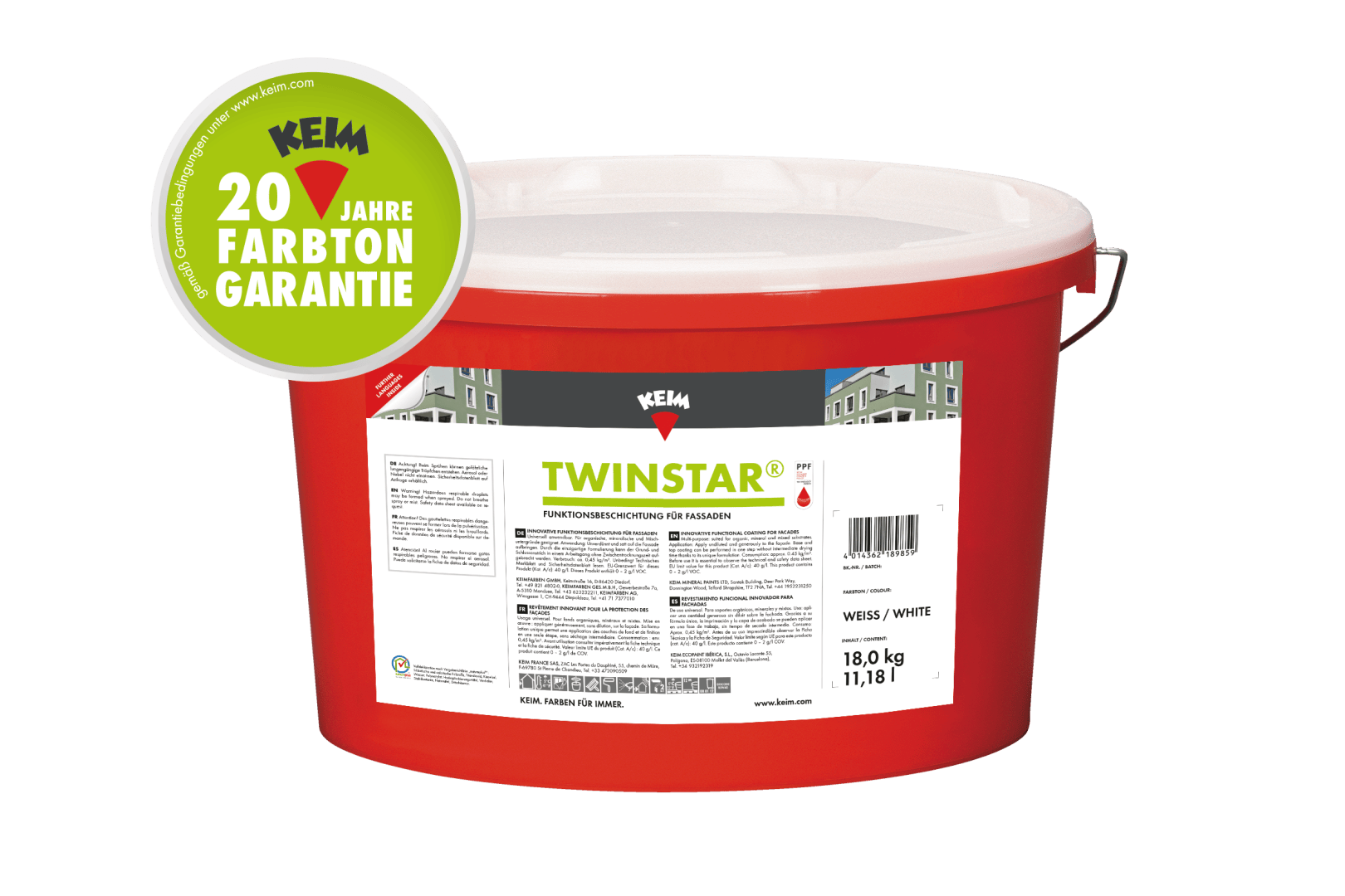Ein roter Farbeimer mit weißem Deckel, auf dem KEIM TWINSTAR und Produktdetails stehen. Oben links eine grüne Plakette mit der Aufschrift „20 Jahre Farbtongarantie“.