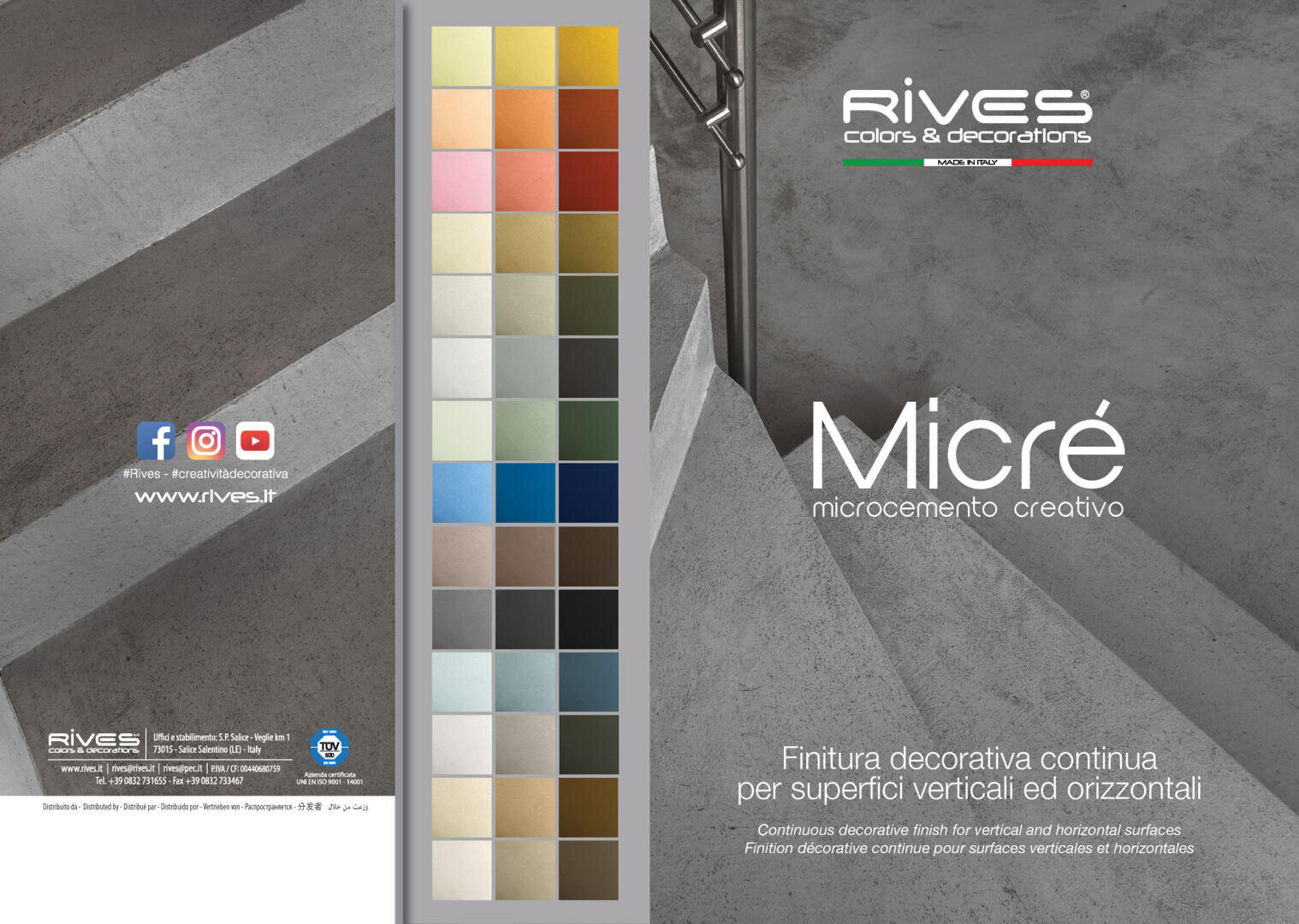 A sample board displays 36 squares of colored decorative finishes next to stairs with a modern, concrete look. The text reads “Micré microcemento creativo” and provides decorative finish details in Italian and English.