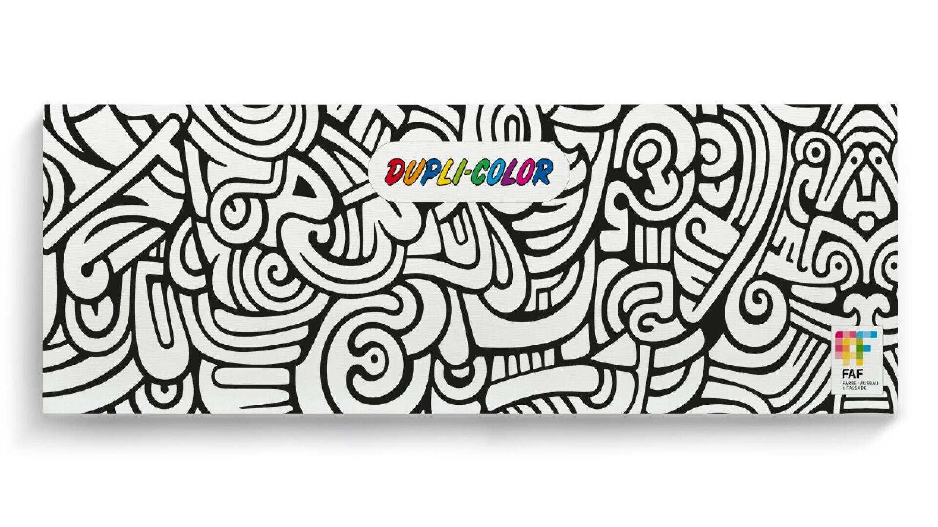 A rectangular box with abstract black-and-white line art patterns. In the center, a label reads DUPLI-COLOR in rainbow colors. The bottom right corner has a small colorful FAF logo.