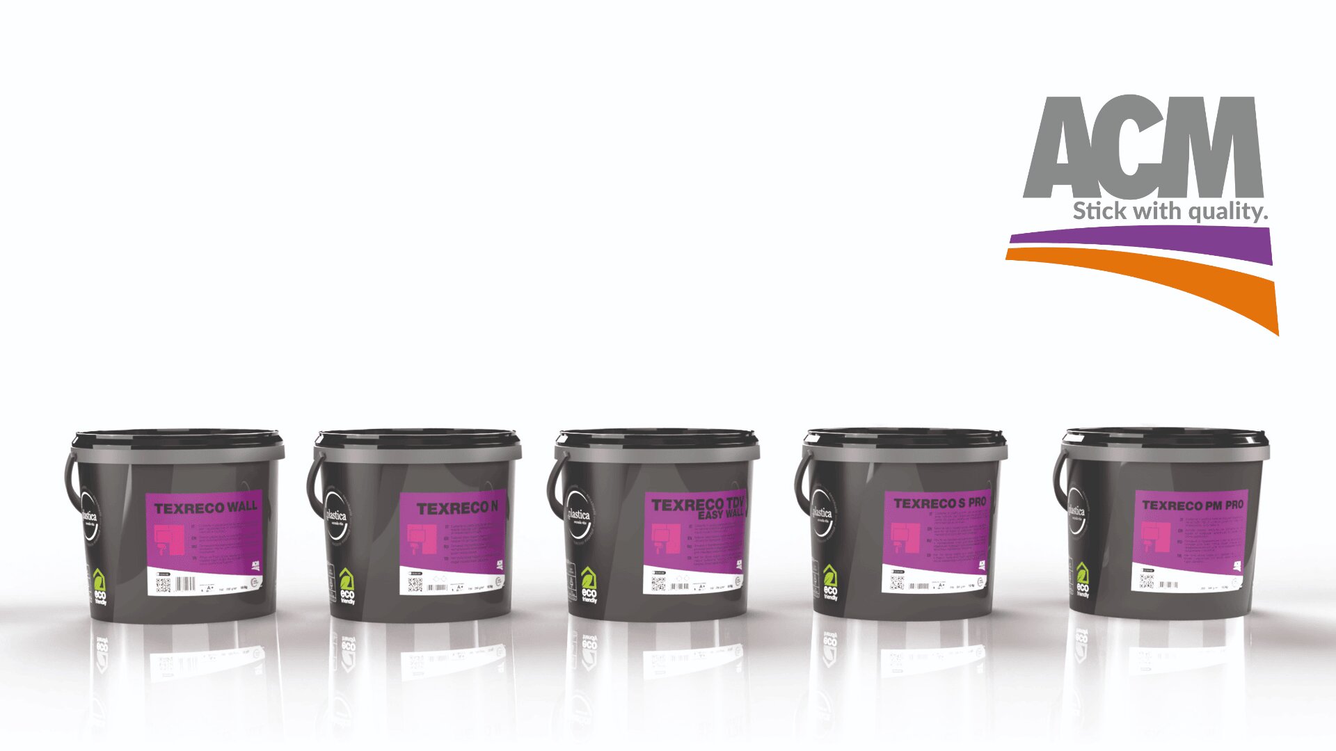 Five black buckets of ACM-brand paint with purple and magenta labels are lined up in a row. The ACM logo with the tagline Stick with quality. appears at the top right with orange and purple swooshes.