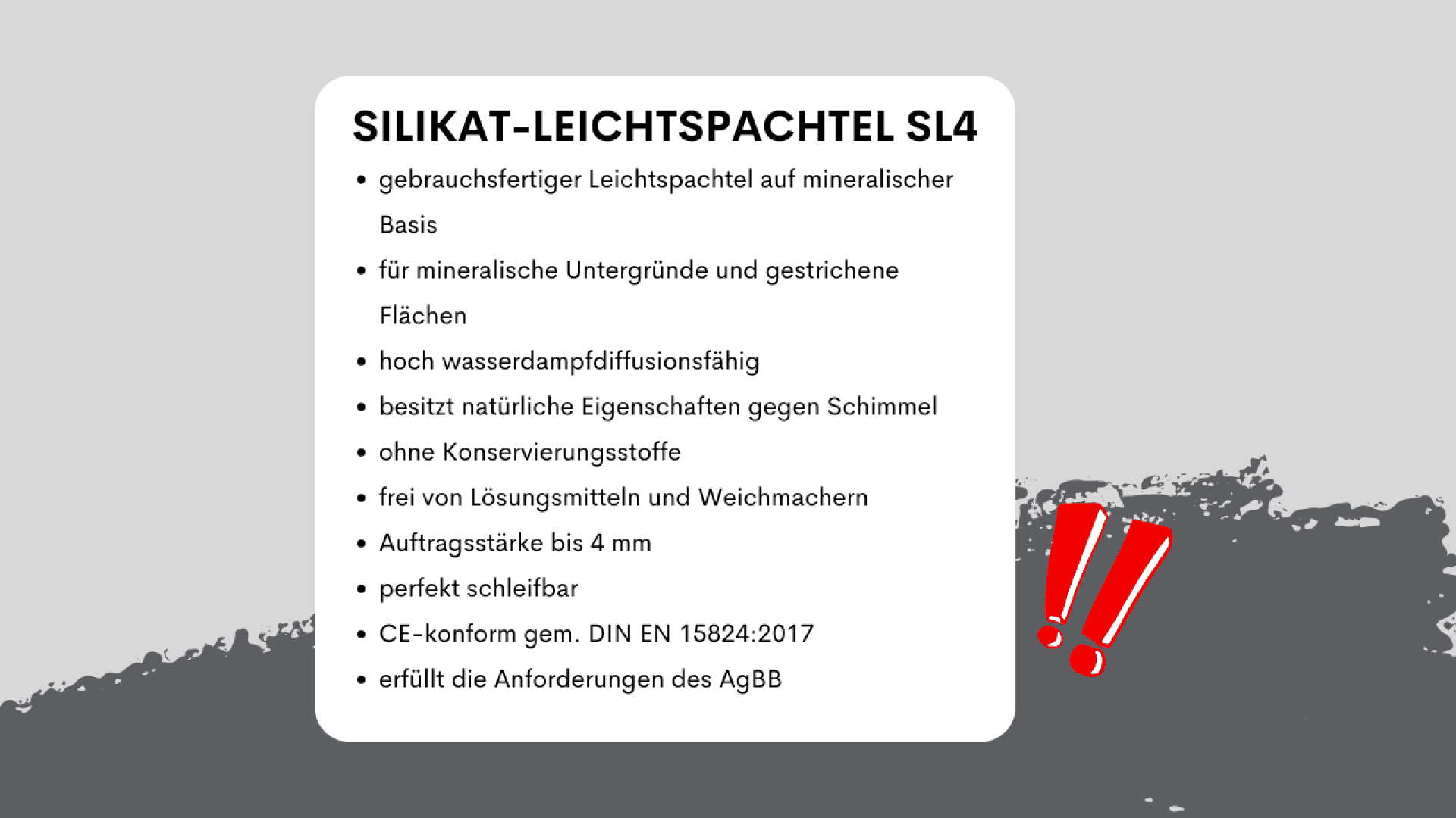 Information sheet for SILIKAT-LEICHTSPACHTEL SL4 detailing its features, including mineral base, high water vapor permeability, mold resistance, preservative-free, and compliance with DIN EN 15824:2017.