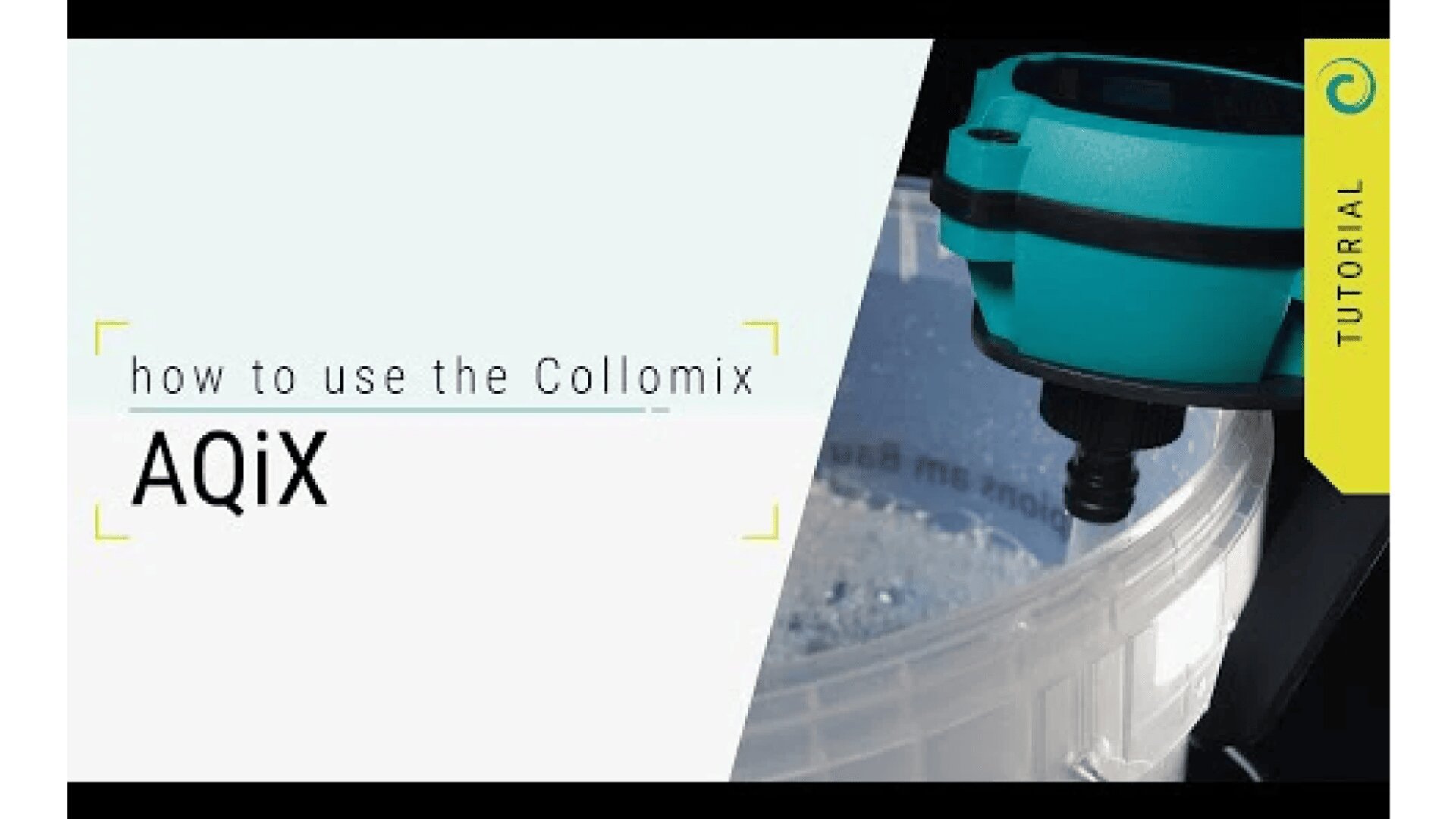A tutorial screen showing how to use the Collomix AQIX, with a close-up of the device attached to a clear container filled with water.