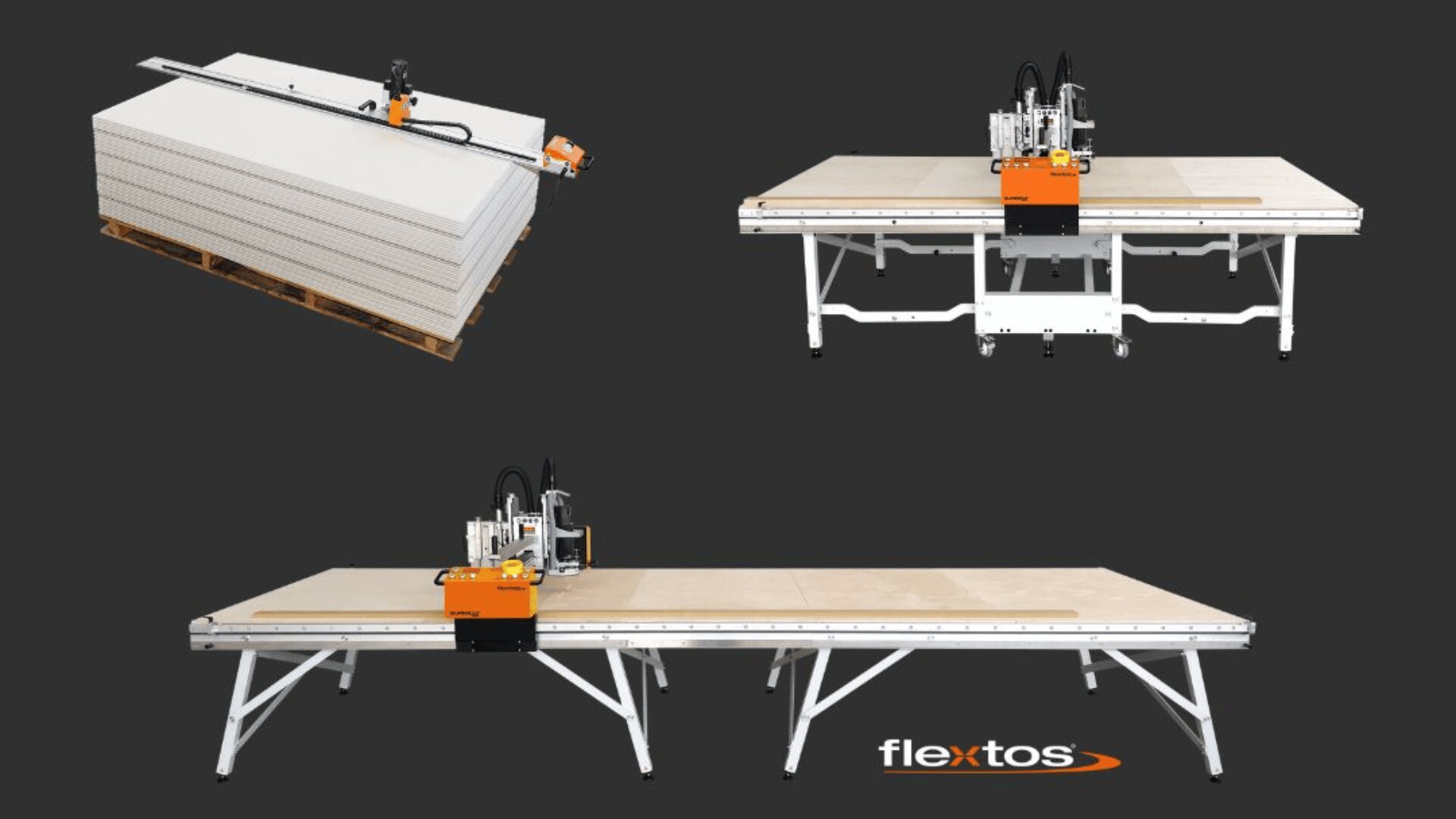 Ein Stapel Gipskartonplatten und zwei große automatisierte Schneidetische mit montierten orangefarbenen Maschinen für präzises Schneiden, dargestellt auf einem dunklen Hintergrund mit dem Flextos-Logo.