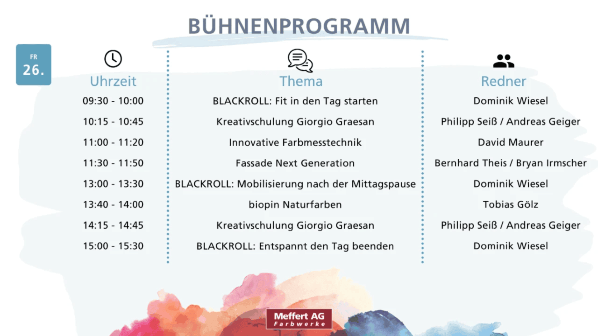Program schedule for Friday, with times, topics, and speakers listed in a table. Background has watercolor accents in red, orange, and blue, and the Meffert AG Farbwerke logo appears at the bottom.