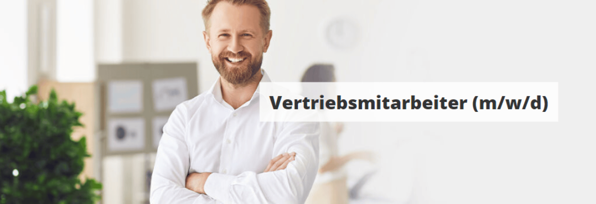 Ein lächelnder Mann mit Bart und verschränkten Armen steht in einem Büro. Der eingeblendete Text lautet „Vertriebsmitarbeiter (m/w/d)“ und weist auf eine Position als Vertriebsmitarbeiter für alle Geschlechter hin.
