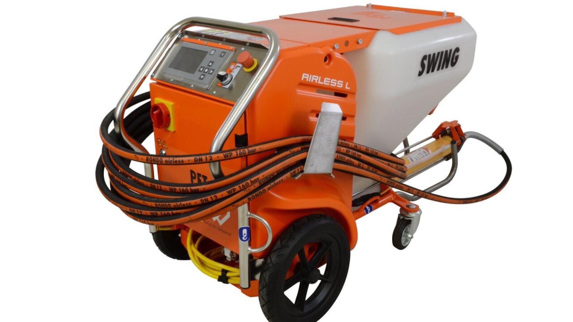 An industrial orange and white spray machine labeled SWING AIRLESS L with control panel, hoses wrapped around the side, and large wheels for mobility, designed for mixing or spraying materials.