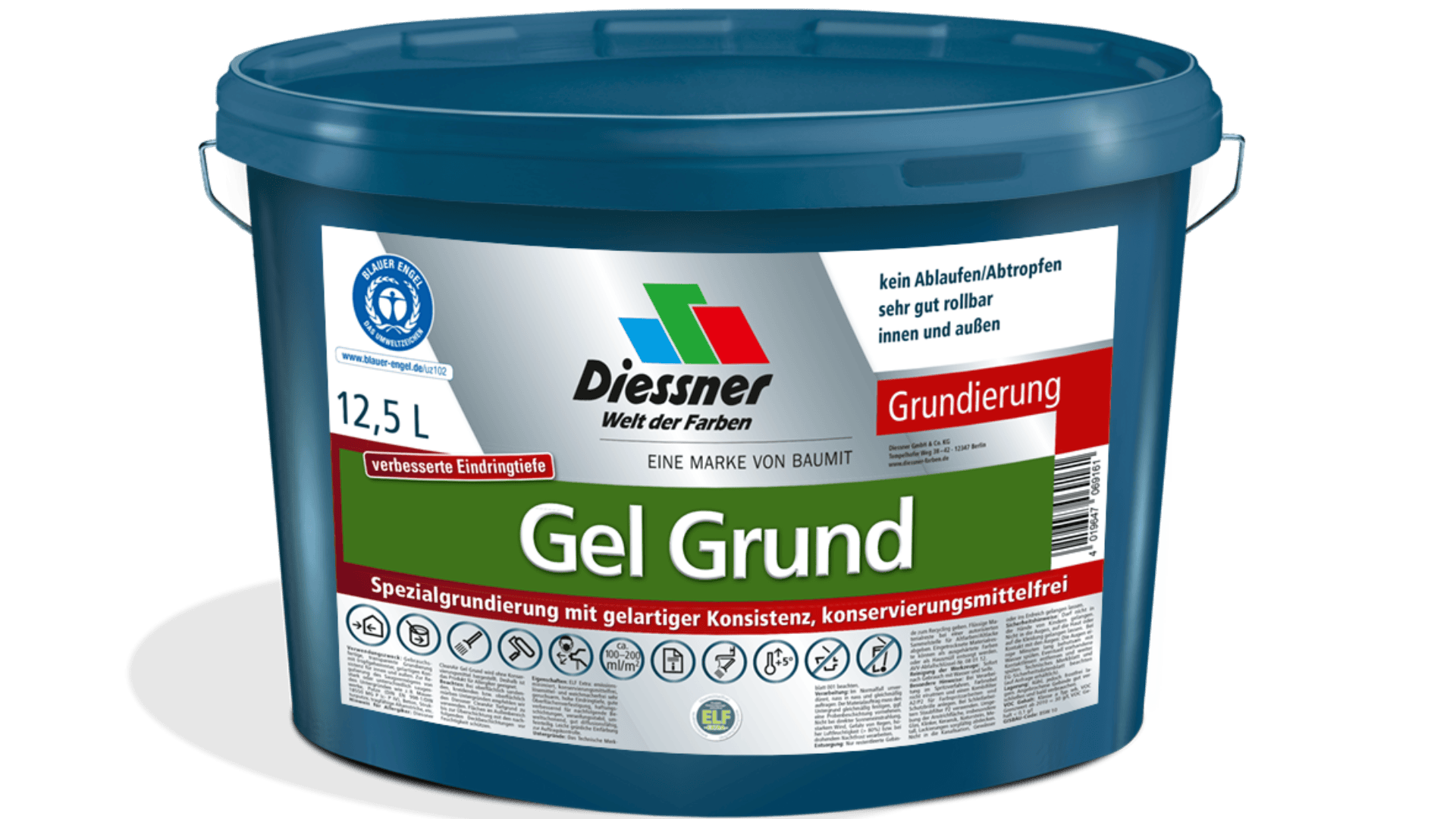 Ein blauer Kunststoffbehälter mit der Aufschrift „Diessner Gel Grundierung“ enthält 12,5 Liter Grundierung. Das Etikett enthält Produktdetails in deutscher Sprache und verschiedene Zertifizierungssymbole auf der Unterseite.