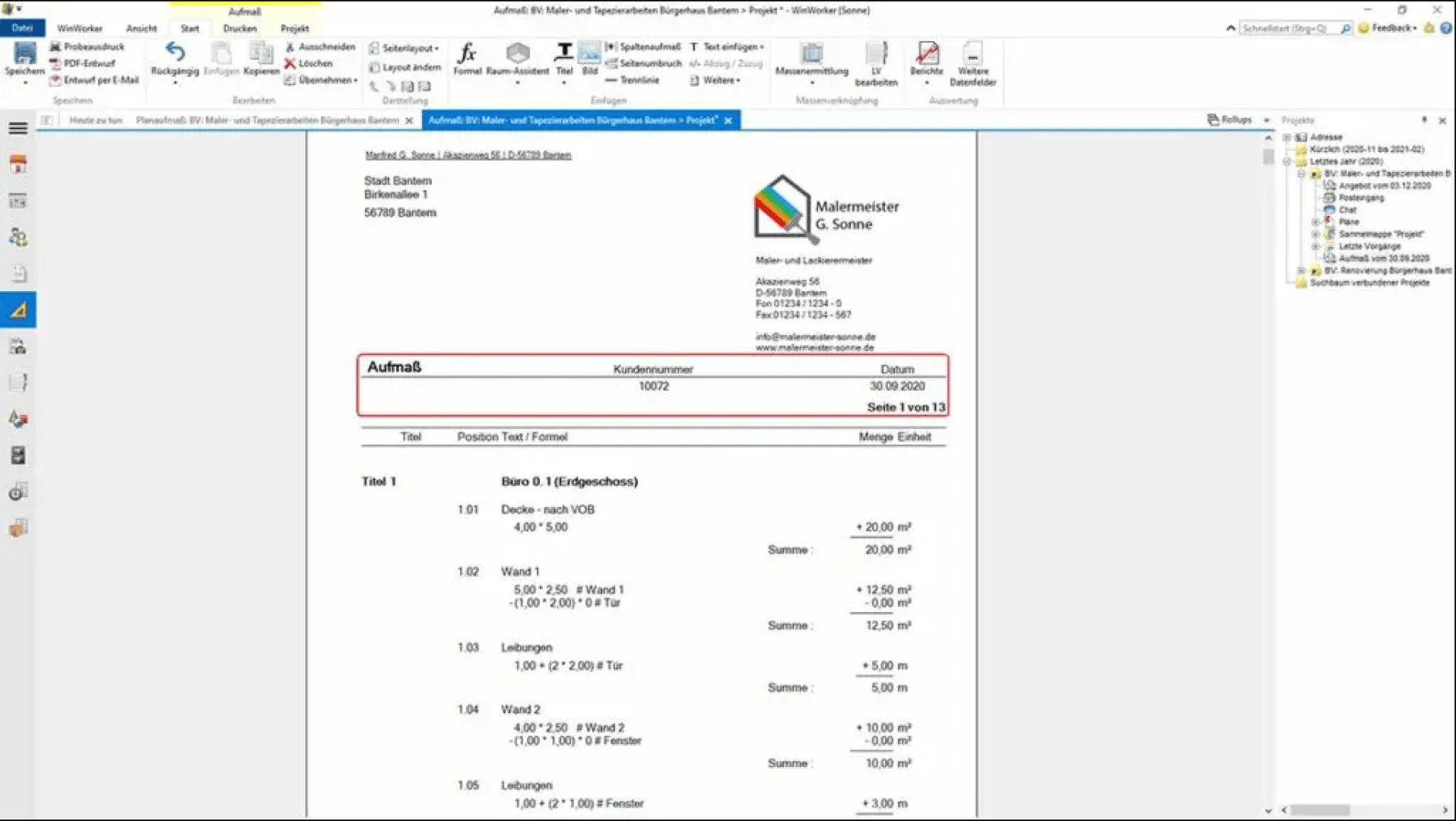 Auf einem Computerbildschirm wird ein geöffnetes PDF-Dokument mit einer Rechnung oder einem Arbeitsauftrag angezeigt. Das Dokument enthält Firmeninformationen, ein Logo, eine Tabelle mit aufgeschlüsselten Leistungen, Kosten sowie Überschriften wie Aufmaß und Kundennummer.
