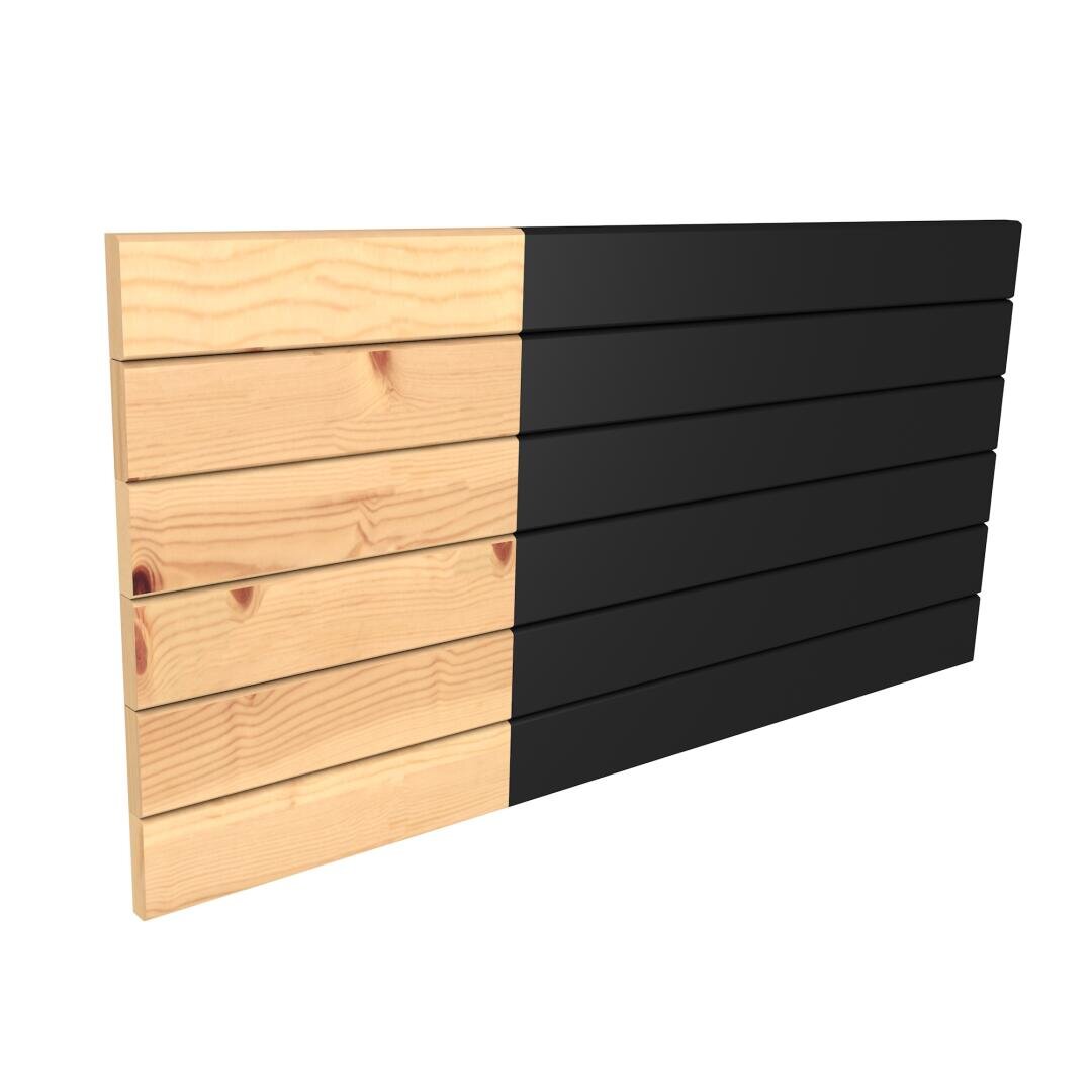 Ein rechteckiges Holzlattenpaneel mit sechs horizontalen Brettern, links zur Hälfte in Naturholzoptik und rechts zur Hälfte mattschwarz lackiert, vor weißem Hintergrund.