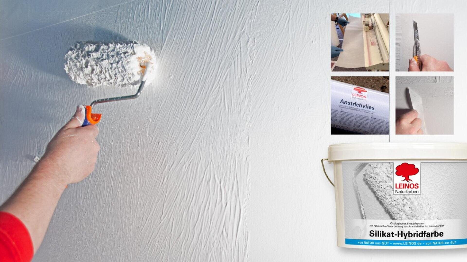 A hand with a paint roller applies white paint to a textured wall. On the right, there are close-up images of painting tools and techniques, and a tub of LEINOS Silikat-Hybridfarbe paint is shown at the bottom.