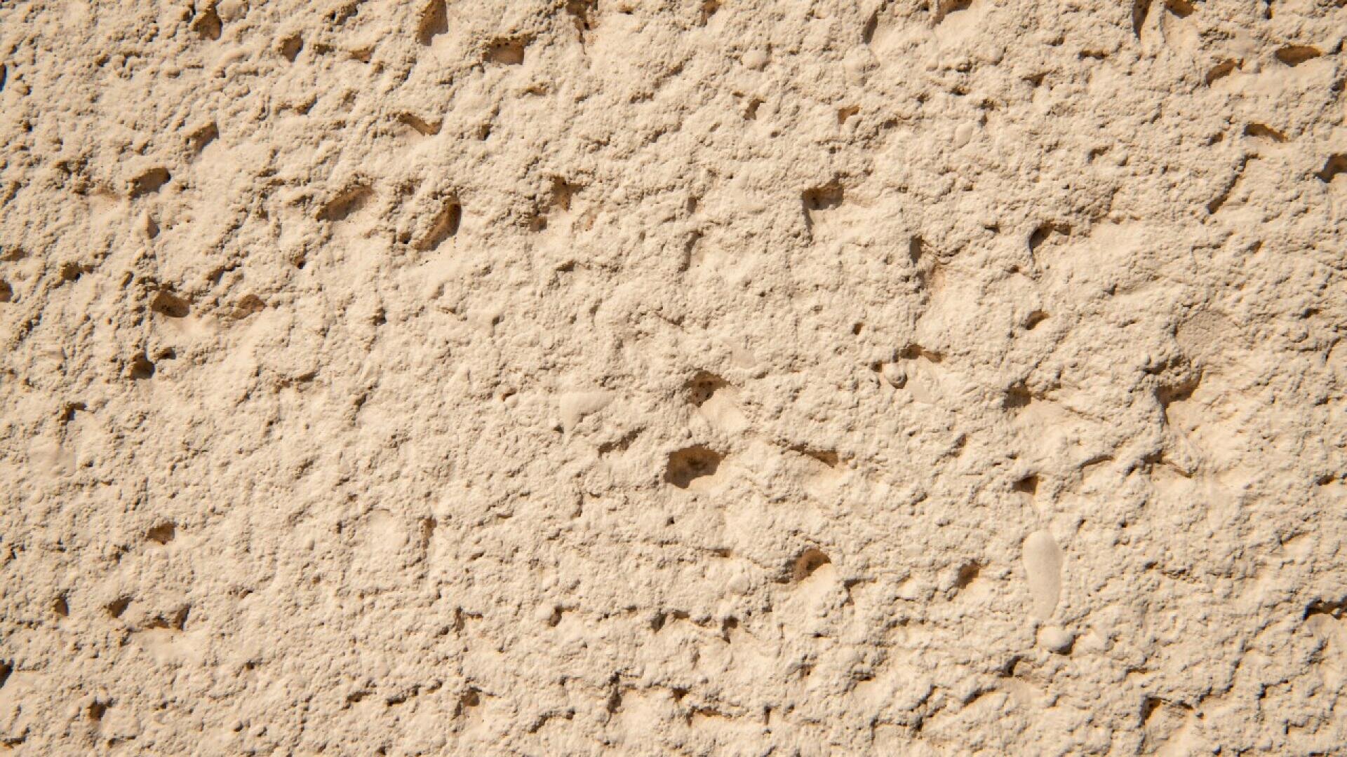 Close-up of a rough, beige stucco wall with an uneven, textured surface and small indentations and bumps throughout. The lighting creates subtle shadows that emphasize the wall’s texture.