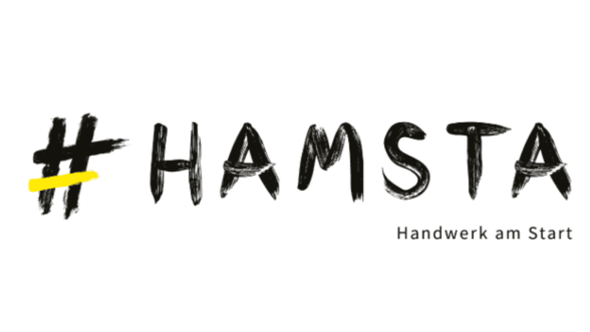 Black brushstroke text #HAMSTA with a yellow line beneath the hashtag, and smaller text Handwerk am Start in the lower right corner, all on a white background.