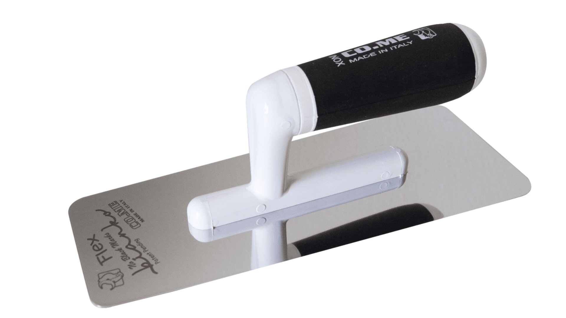 A stainless steel plastering trowel with a black and white ergonomic handle. The trowel has a smooth, rectangular blade and is branded with markings and text on the metal surface.