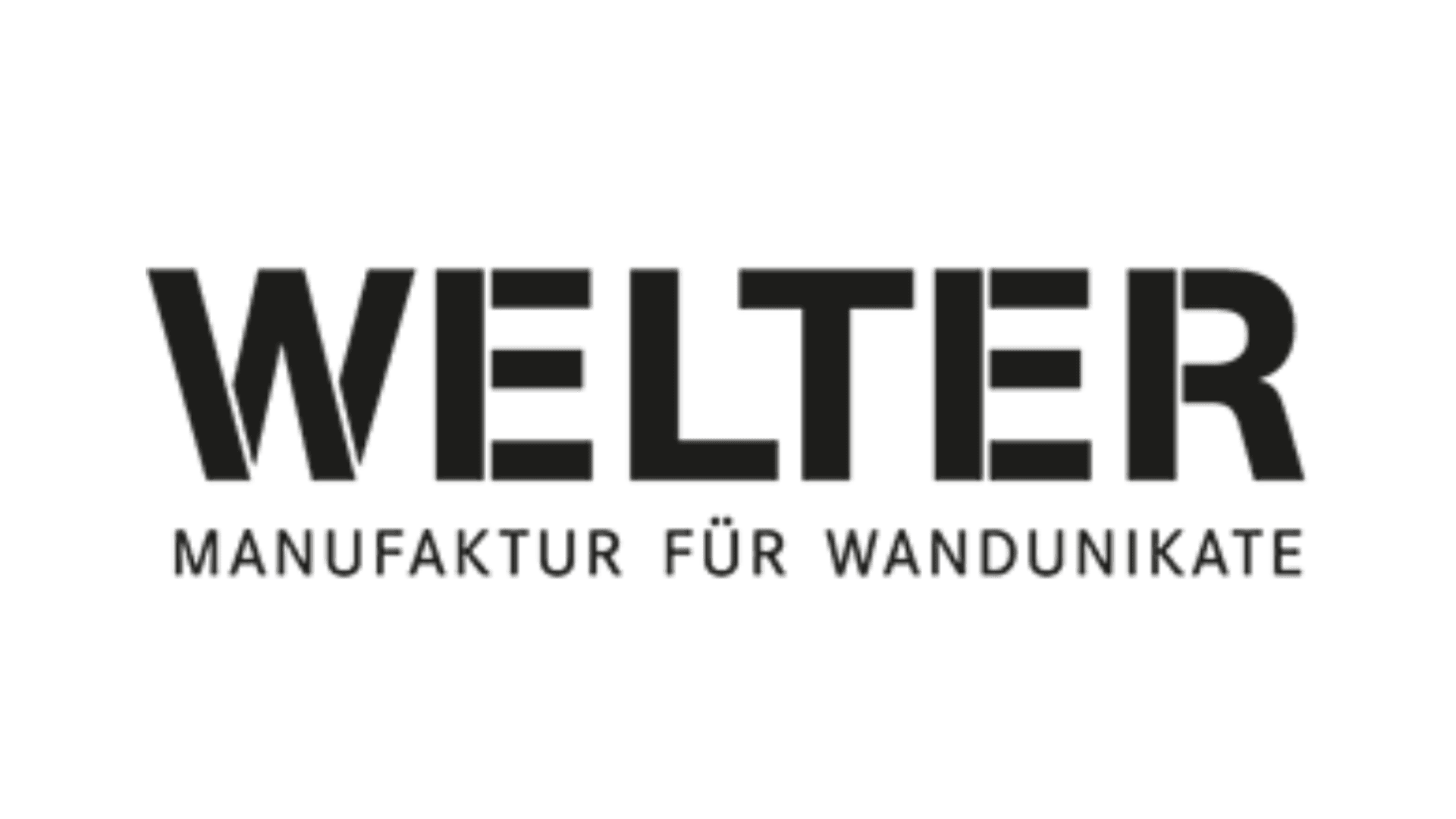Das schwarze Textlogo auf transparentem Hintergrund lautet in fetten Großbuchstaben „WELTER“, darunter steht in kleinerem Text in Großbuchstaben „MANUFAKTUR FÜR WANDUNIKATE“.