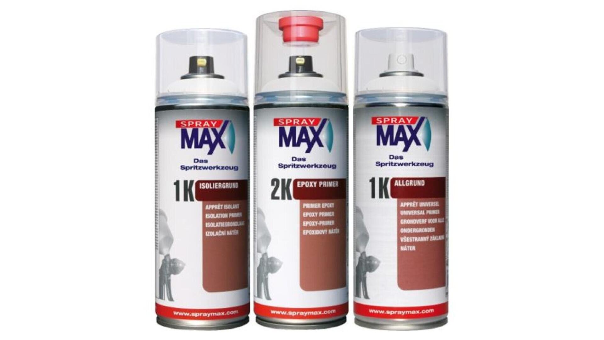 Three cans of SprayMax aerosol products are arranged side by side. Each can features a different label: 1K Isoliergrund, 2K Epoxy Primer, and 1K Allgrund, all with clear caps and German text.