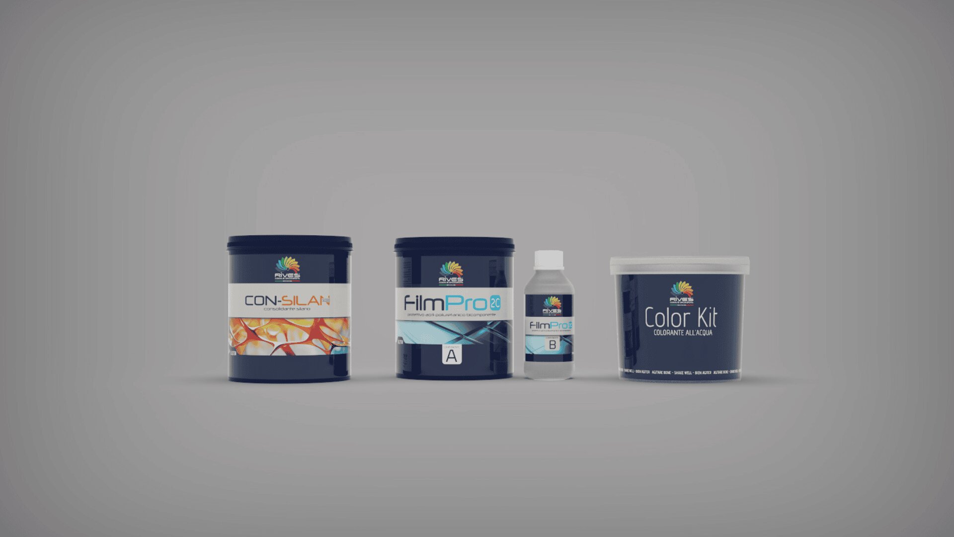 Four paint and coating product containers are arranged in a row against a gray background. The labels read Con-Slam, FilmPro A, FilmPro B, and Color Kit. All containers feature a colorful logo at the top.