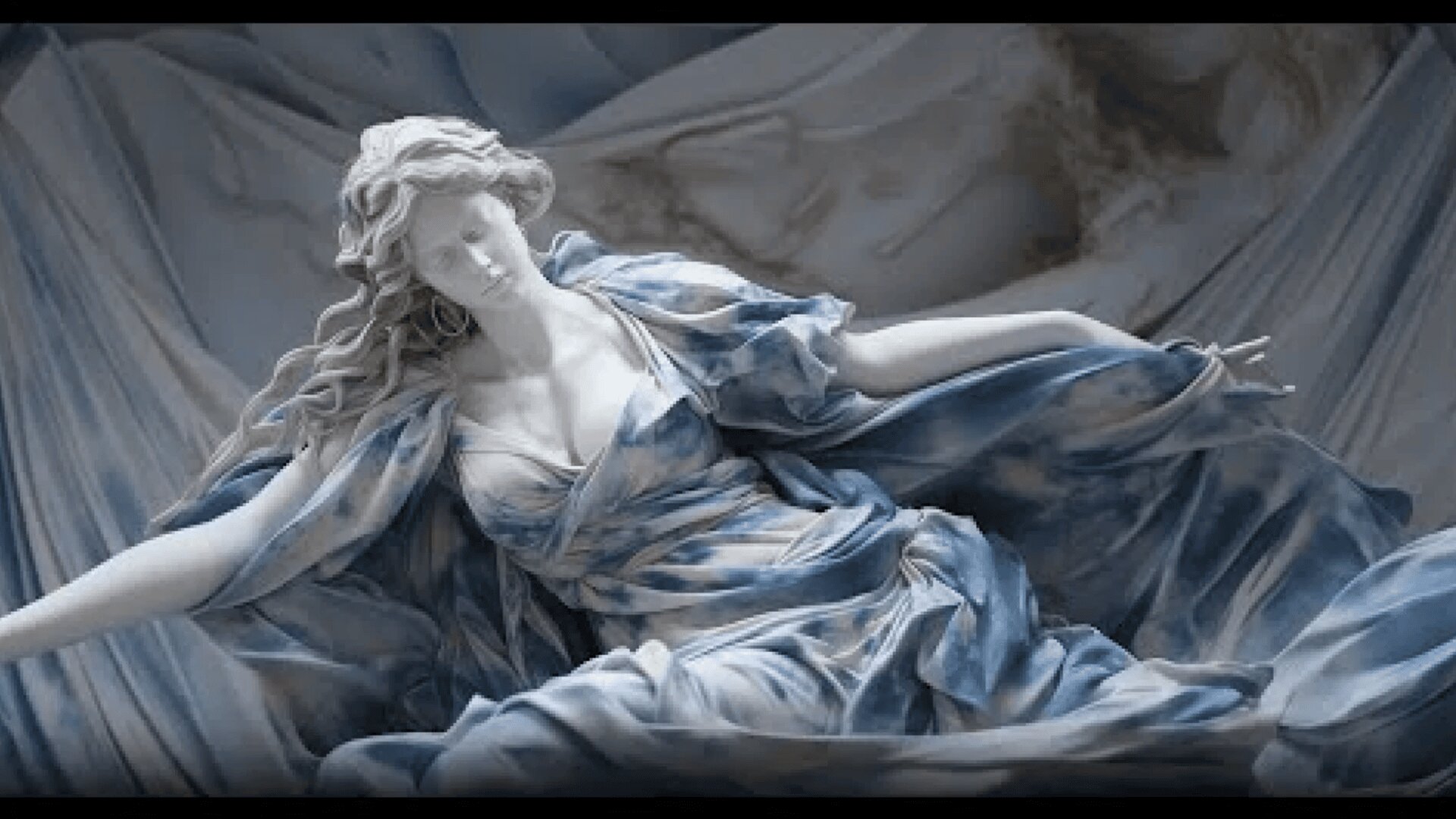 A detailed marble statue of a woman with flowing hair and draped clothing, captured in a dynamic, graceful pose as if she is reclining or floating, with delicate folds and intricate textures.