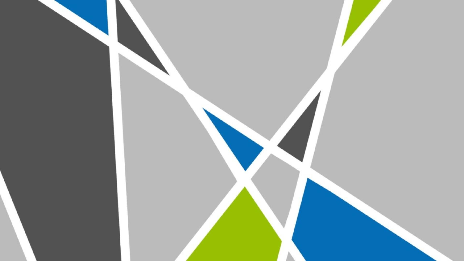Abstraktes geometrisches Muster mit sich kreuzenden weißen Linien, die verschiedene Dreiecke und Vierecke bilden, gefüllt mit den Farben Grau, Blau, Grün, Schwarz und Weiß. Das Gesamtbild wirkt modern und dynamisch.