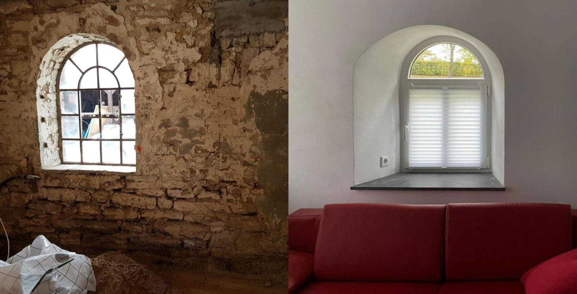 Nebeneinanderstellung eines Fensters: Links ist eine alte, verwitterte Ziegelwand mit einem Fenster mit Metallgittern zu sehen; rechts ist dasselbe renovierte Fenster in einer sauberen weißen Wand über einem roten Sofa zu sehen.