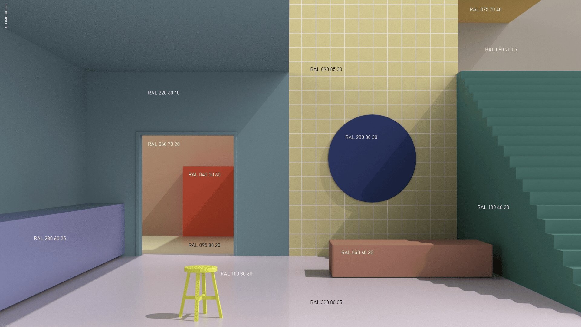 Ein moderner, farbenfroher Raum, der in zwei Hälften geteilt ist, mit pastellblauen und gelben Wänden, geometrischen Formen, einer grünen Treppe, einem blauen Kreis, einer pfirsichfarbenen Bank, einem gelben Hocker und verschiedenen auf den Oberflächen angebrachten RAL-Farbcodes.