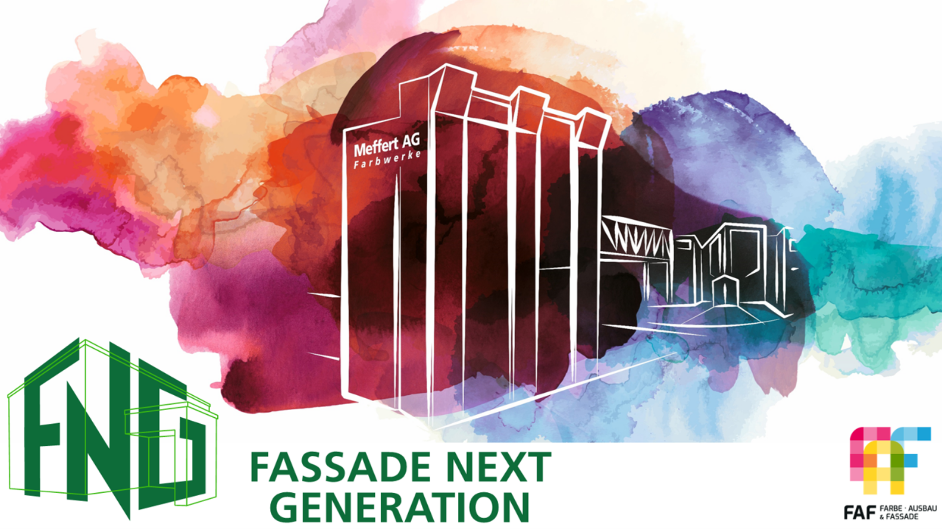 Farbenfrohe Aquarellillustration mit weißen Umrissen eines Fabrikgebäudes mit der Aufschrift „Meffert AG Farbwerke“, dem Text „FASSADE NEXT GENERATION“ und Logos wie FNG und FAF.