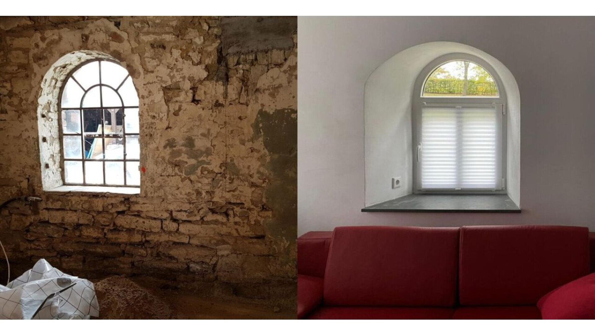 Side-by-side comparison of a window in a stone wall before renovation, appearing old and worn, and after renovation, looking clean with white walls, a modern window, blinds, and a red couch below.