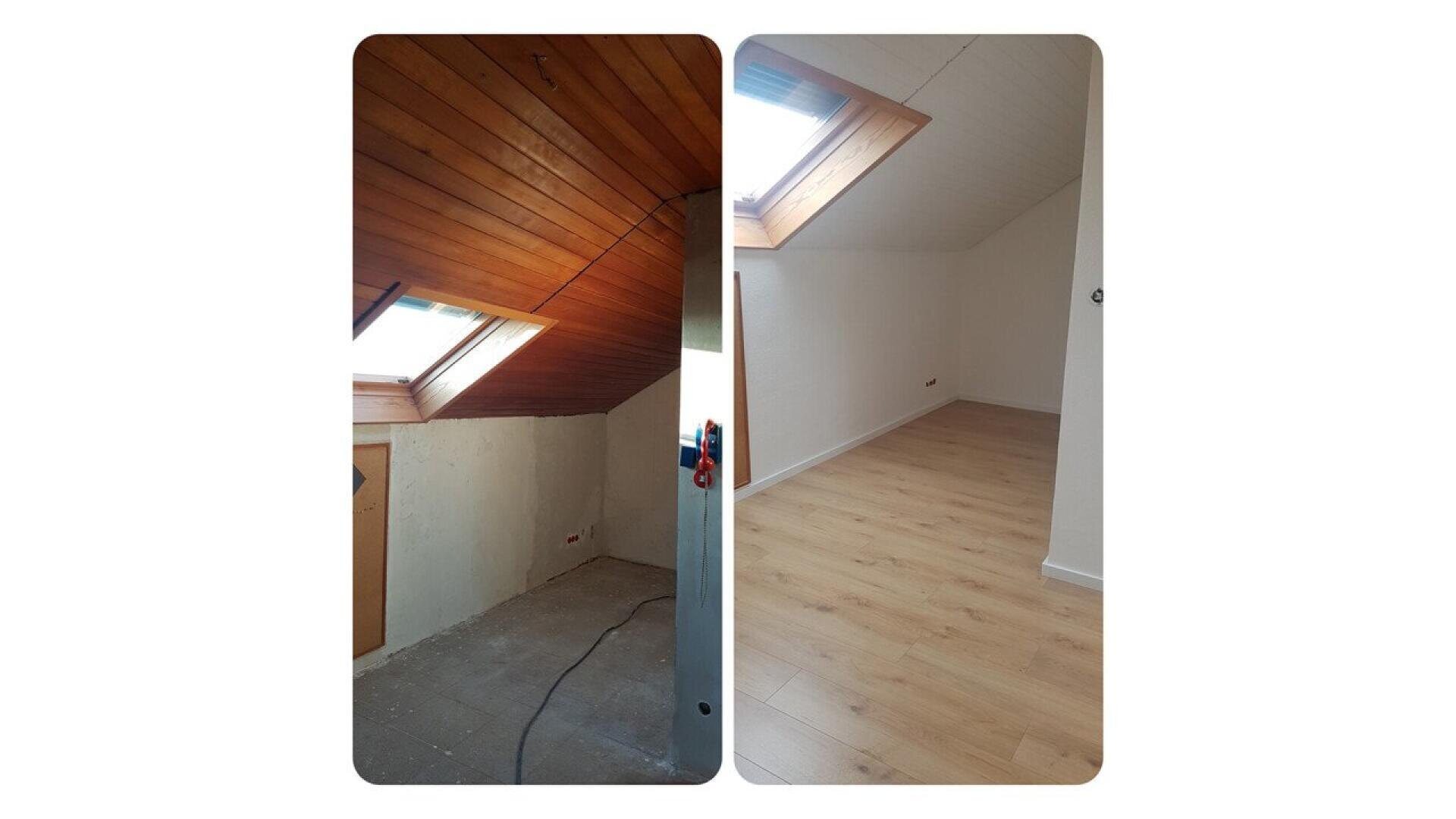 Side-by-side comparison of an attic room before and after renovation; the left shows dark wood ceiling, unfinished walls, and bare floor, while the right shows a bright, white-painted room with new flooring and a skylight.