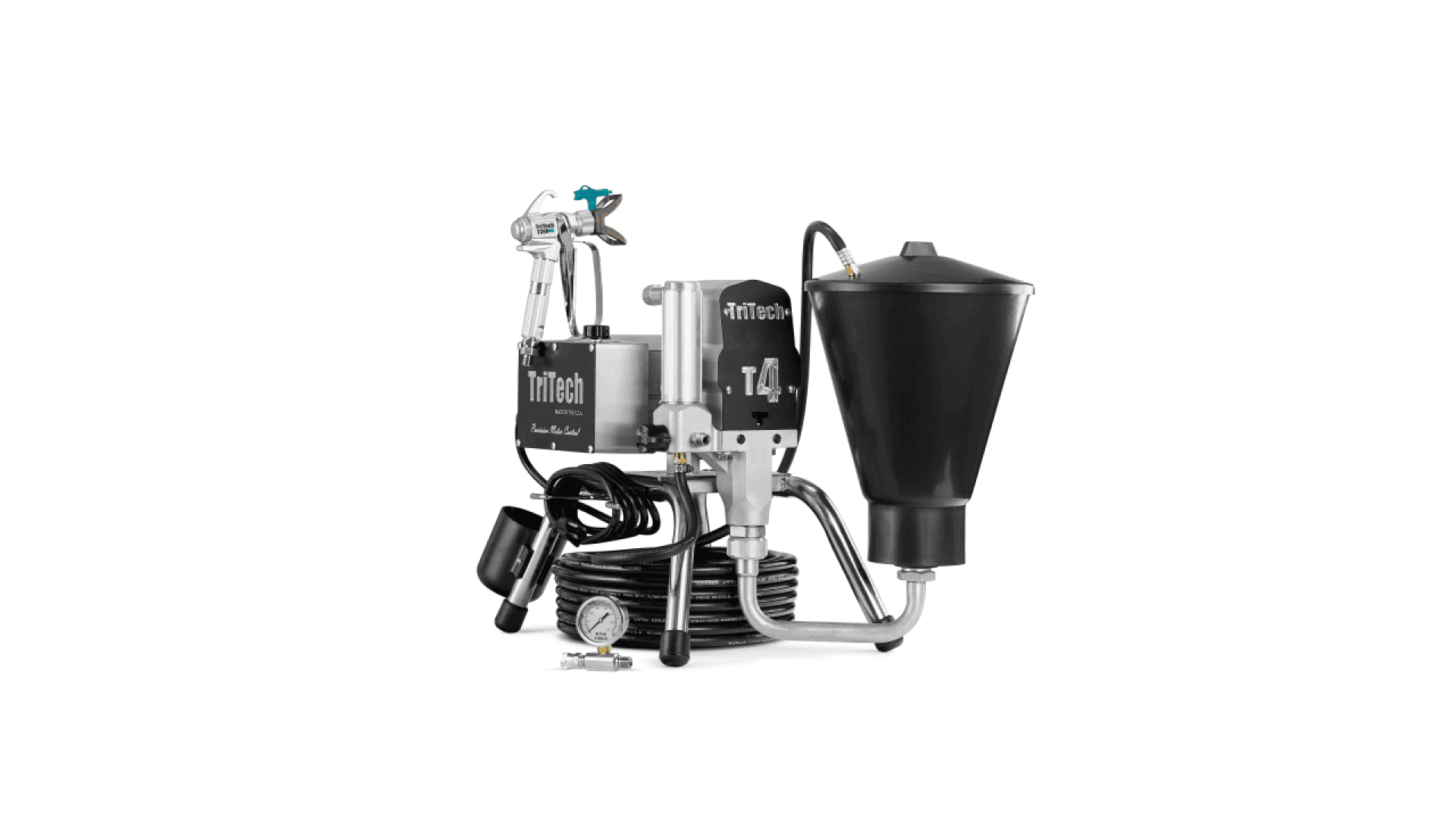 Ein Airless-Farbspritzgerät TriTech T4 mit Schlauch, Spritzpistole, Druckmesser und schwarzem Farbbehälter, auf weißem Hintergrund.