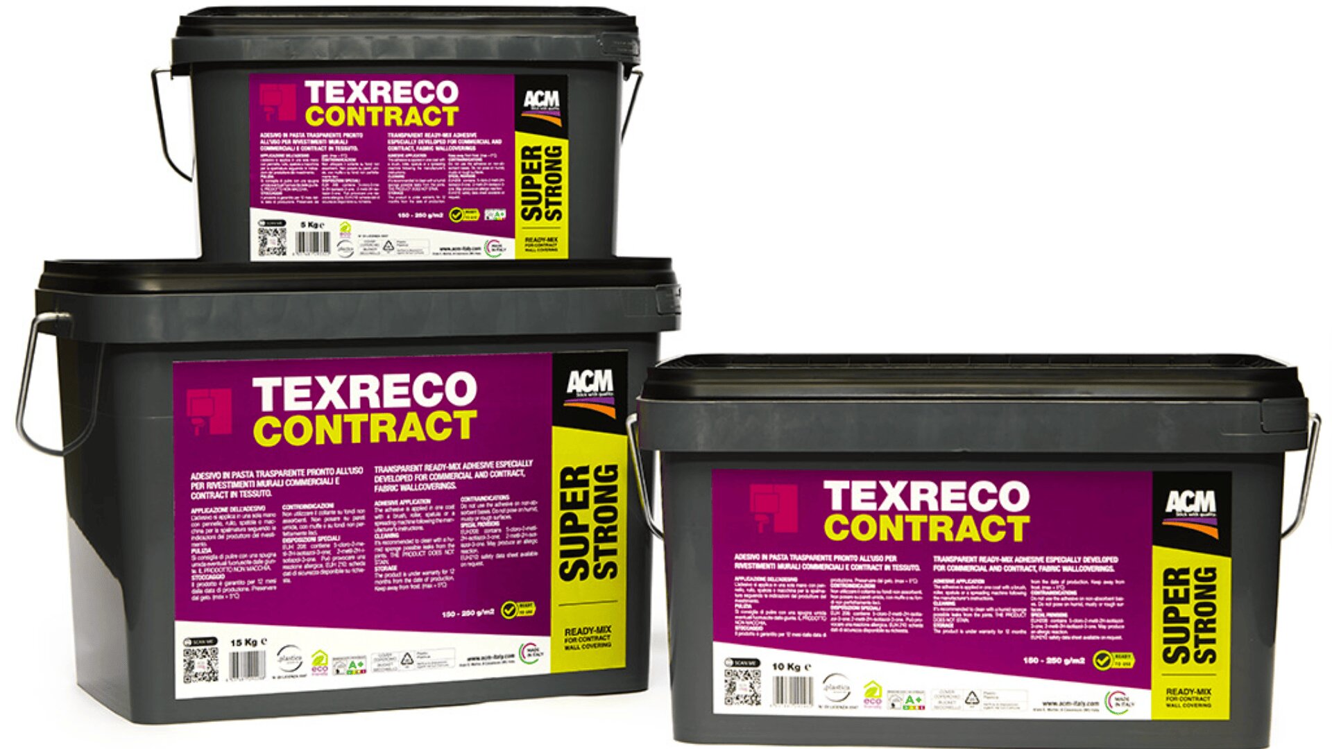 Three black plastic tubs of ACM Texreco Contract Super Strong adhesive are shown, each with a purple and yellow label, arranged at different heights and angles on a white background.