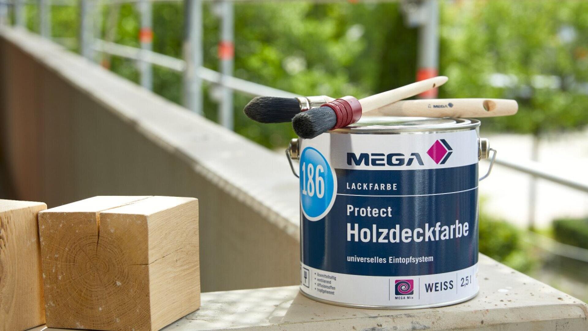 A can of MEGA Protect Holzdeckfarbe wood paint sits on a ledge outdoors, next to two paintbrushes resting on top and two wooden blocks beside it. Green foliage and scaffolding are blurred in the background.