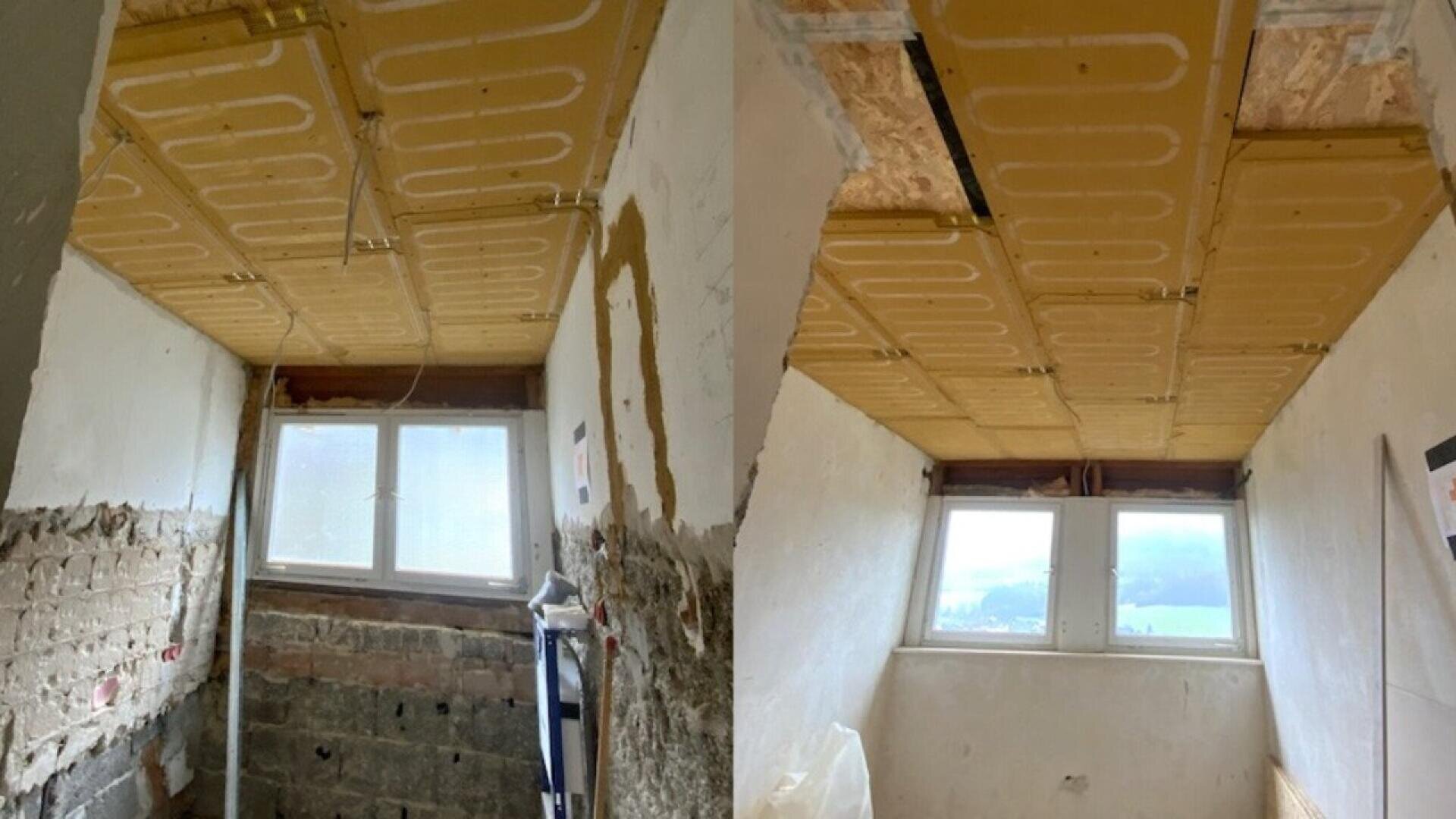Two images show a room under renovation with exposed ceiling panels and unfinished walls. The panels display a yellow pattern, and the room has a window letting in natural light. Construction materials are visible.