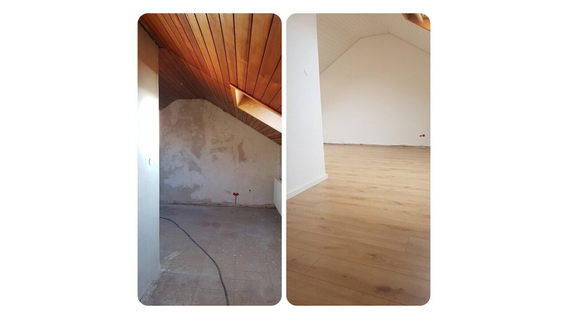 Side-by-side comparison of an attic room before and after renovation; the left side shows bare walls and unfinished floors, while the right side shows clean white walls and new light wood flooring.