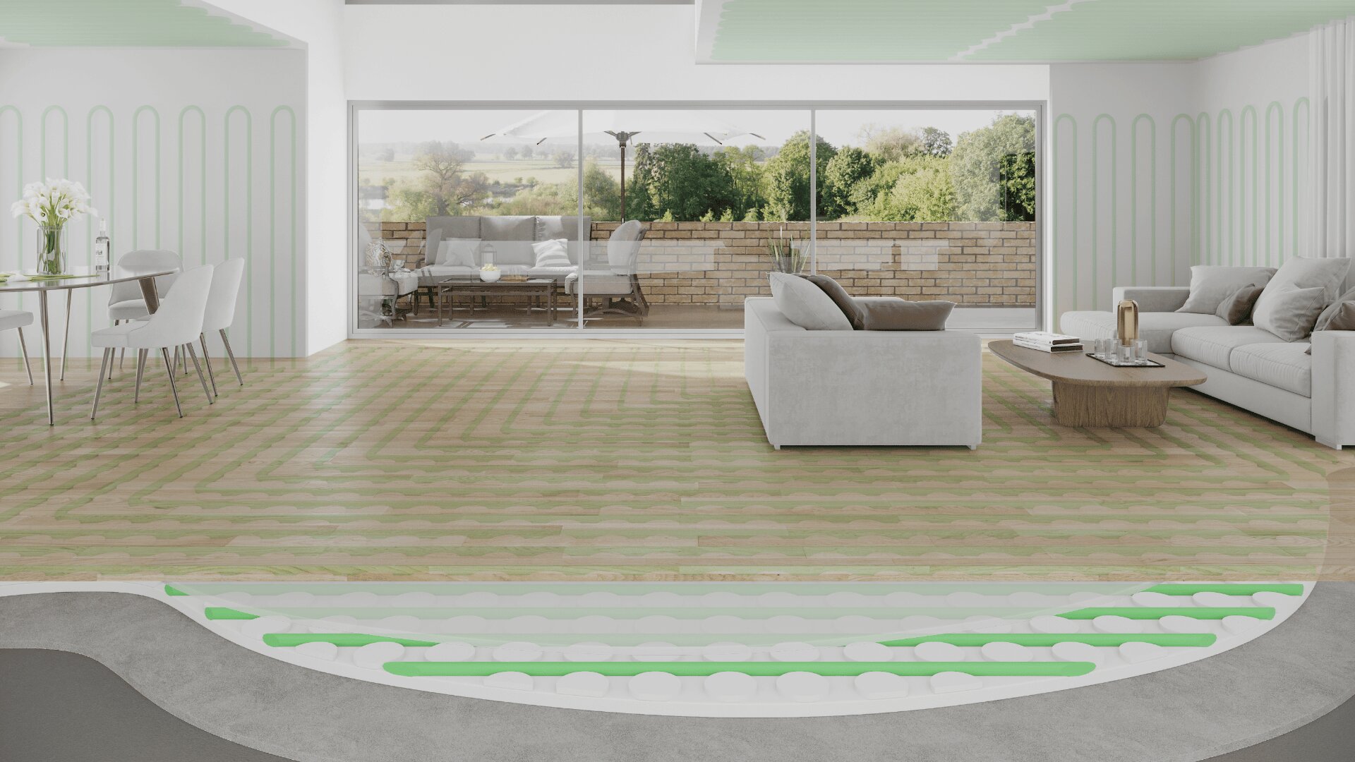 Modernes Wohnzimmer mit großen Fenstern, die auf eine Terrasse und Grünflächen blicken. Ein Ausschnitt des Bodens zeigt eine Fußbodenheizung mit sichtbaren grün-weißen Rohren unter dem Holzboden.