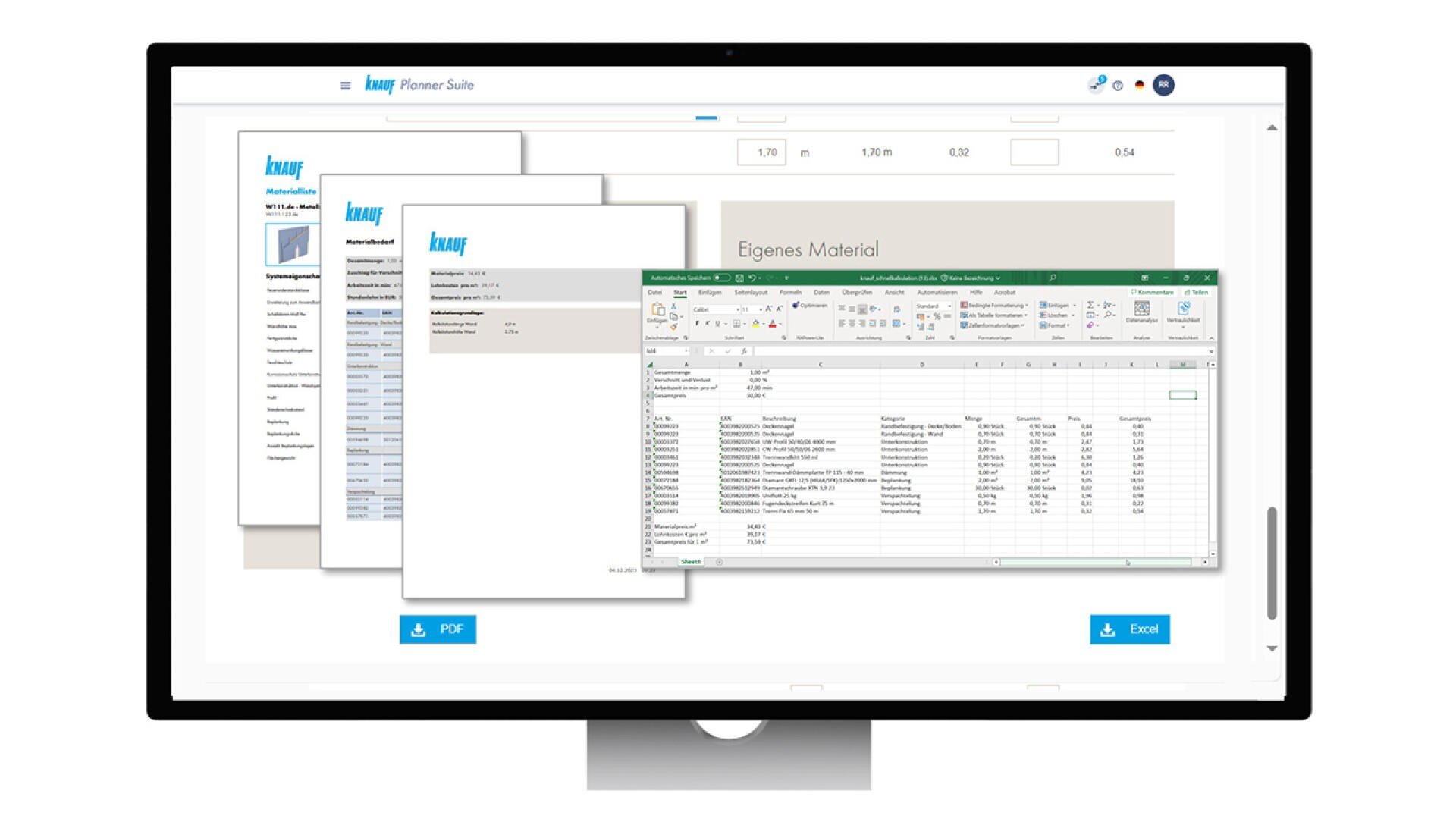 Auf einem Computermonitor werden mehrere überlappende Softwarefenster angezeigt, darunter ein PDF-Dokument, eine Kalkulationstabelle und ein Webbrowser, die alle mit einer Planungs- oder Projektmanagementsoftware in Zusammenhang stehen.