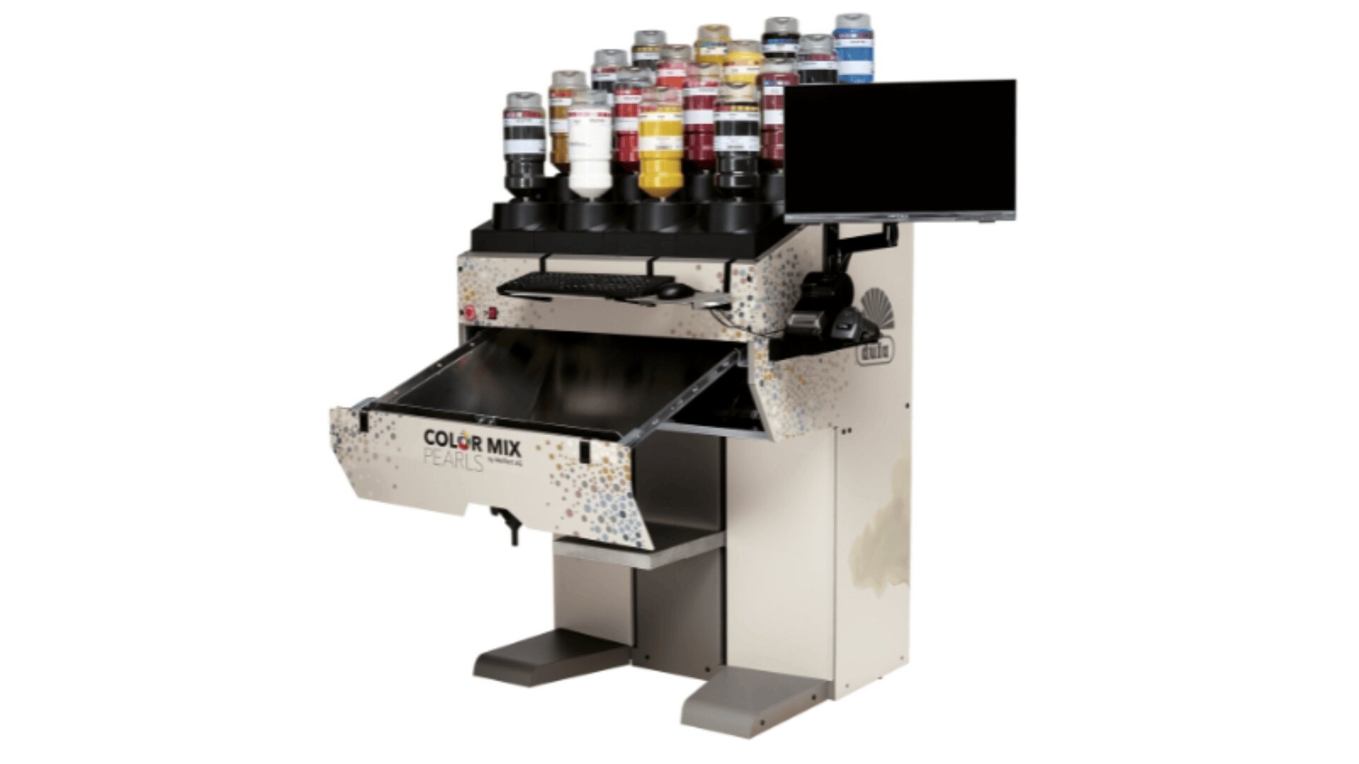 A paint mixing machine with multiple colored bottles on top, an open mixing compartment labeled Color Mix Pearls, and a monitor attached to the side, all set against a white background.