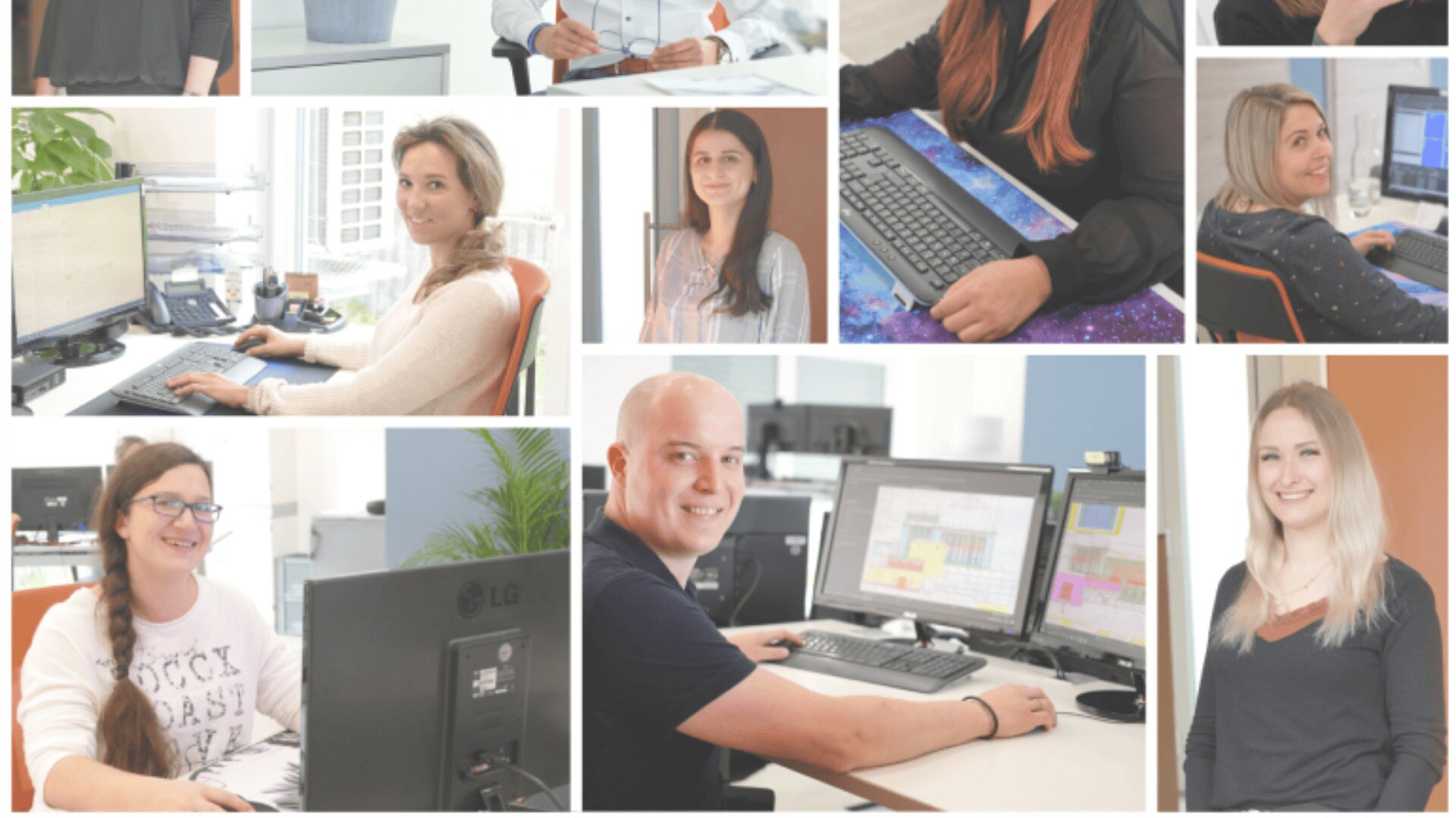 Eine Collage von Büroangestellten, sowohl Männern als auch Frauen, die lächelnd an Schreibtischen mit Computern in einer hell erleuchteten Büroumgebung arbeiten.