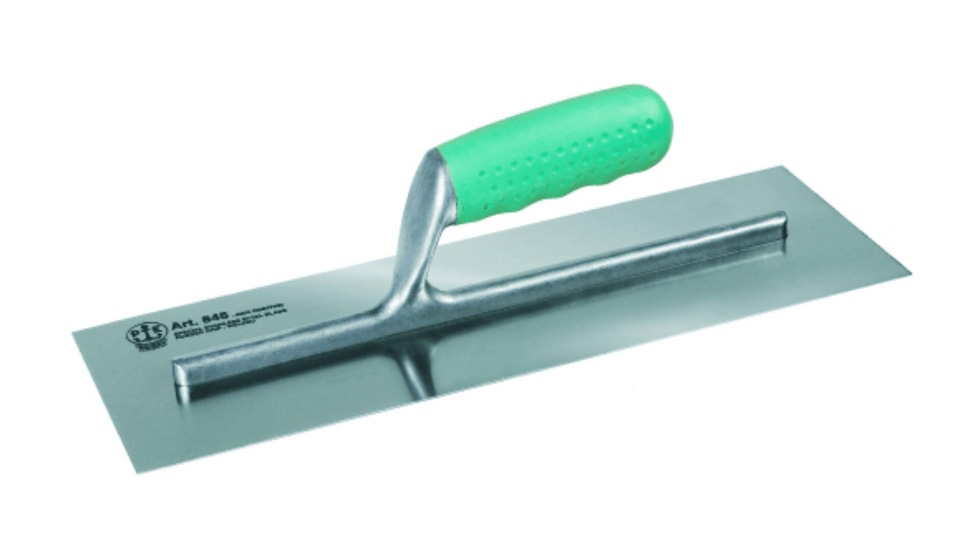 A stainless steel plastering trowel with a green textured handle is shown against a white background. The trowel has a flat rectangular blade and a raised grip for easy handling.