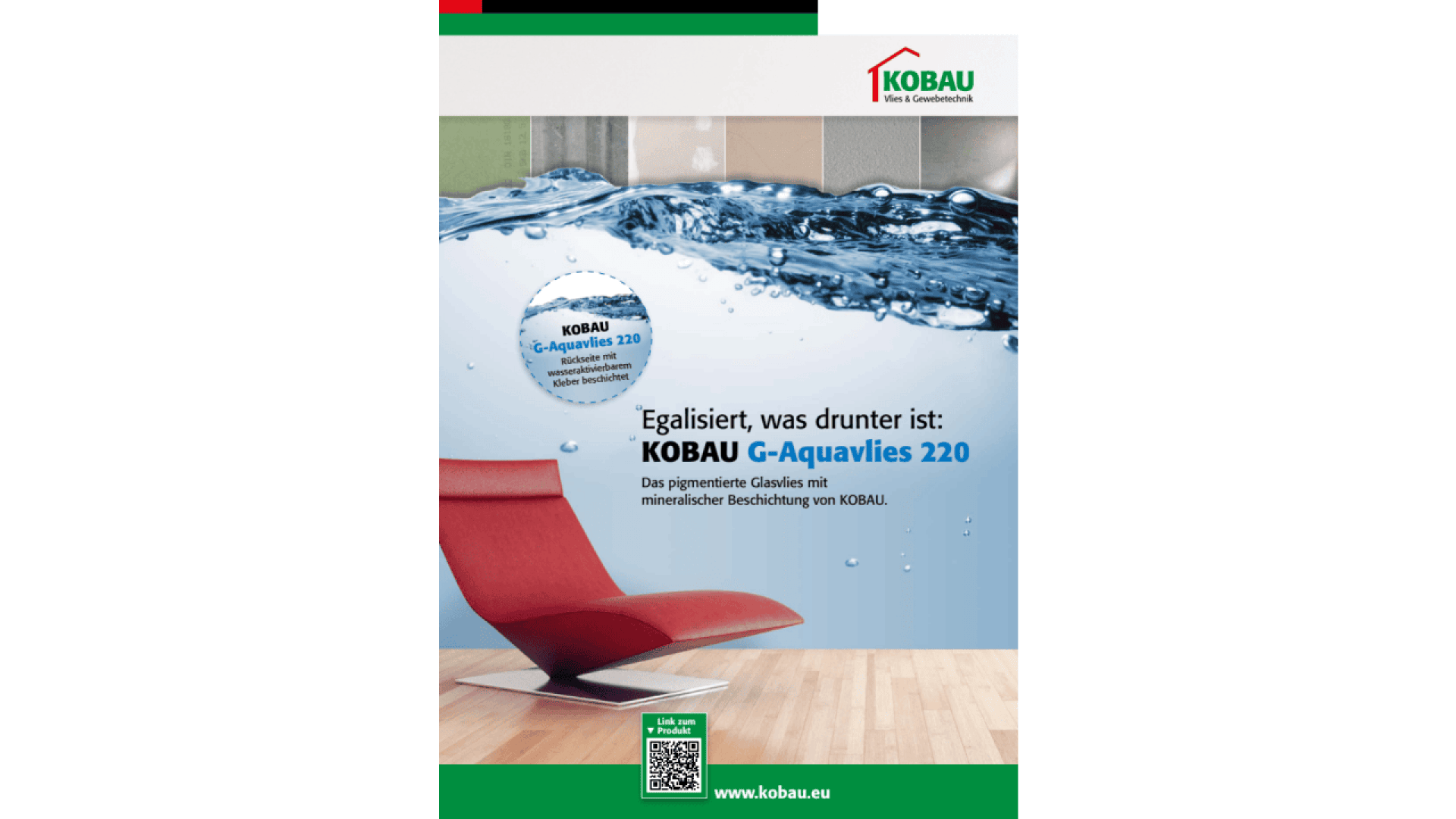 Poster for KOBAU G-Aqualies 220 featuring a modern red chair, a green and beige wall, and the product name under splashing water. German text highlights the product’s properties. KOBAU logo appears at the top.