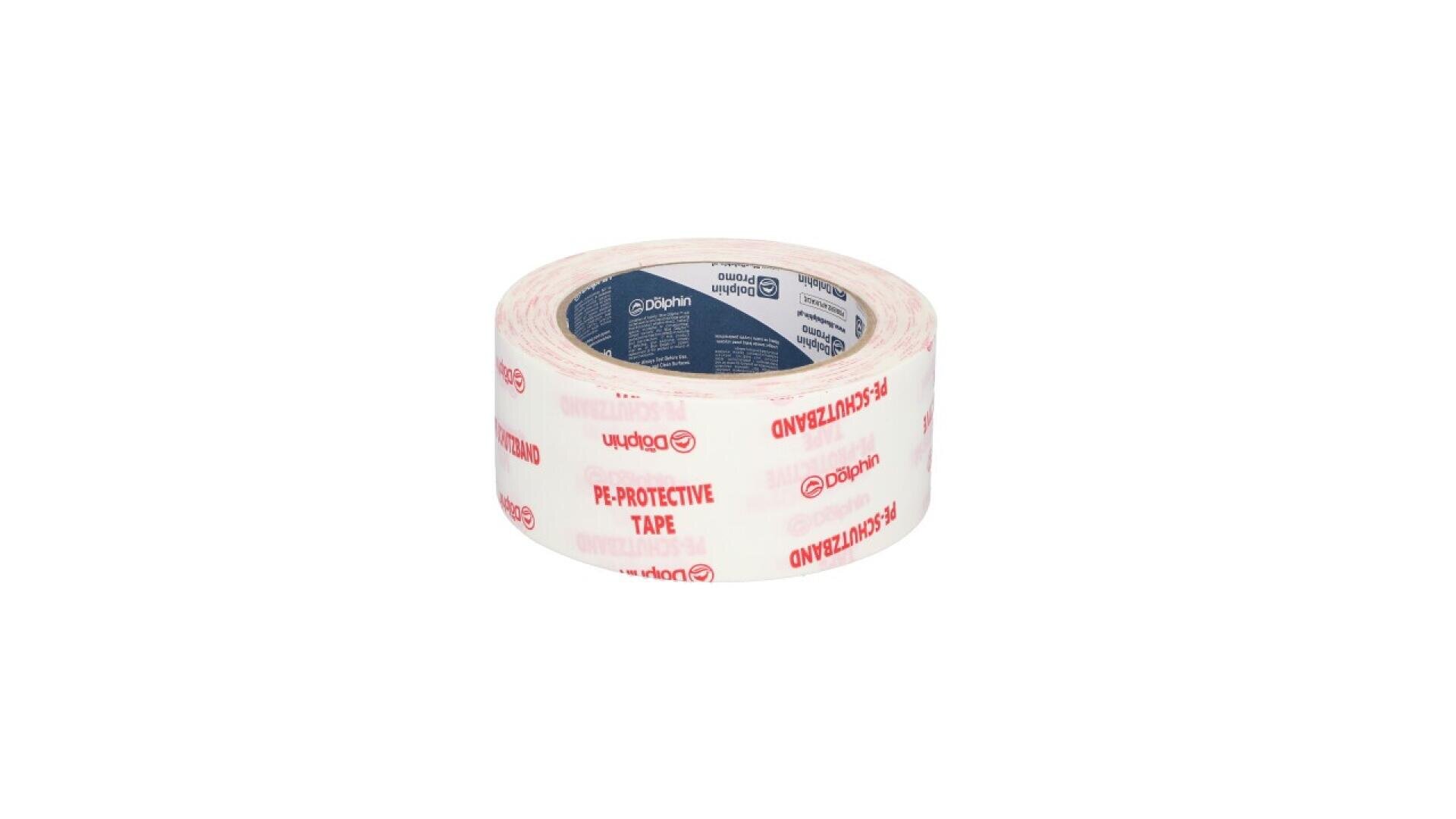 A roll of transparent tape with red text that reads PE-PROTECTIVE TAPE and branding logos, placed on a white background.
