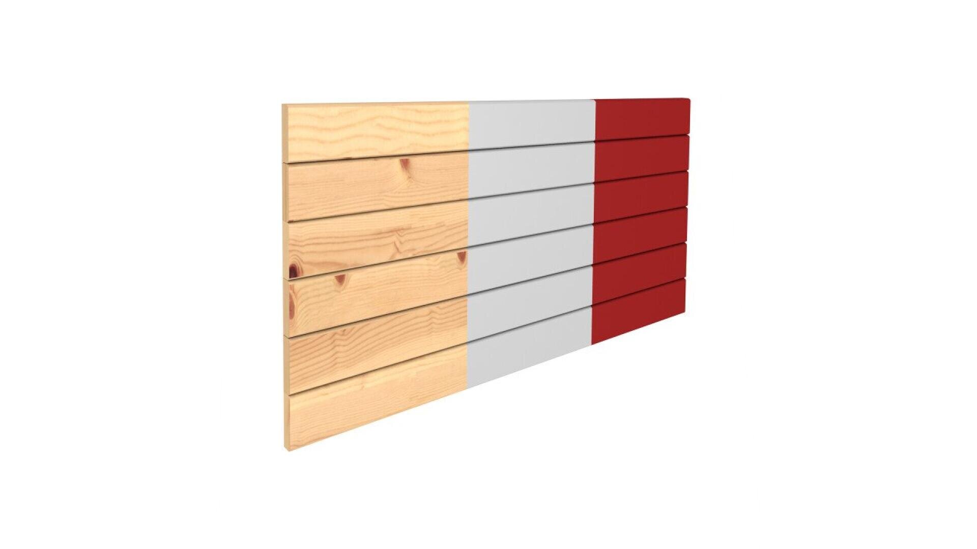 A wooden panel divided into three vertical sections: natural wood on the left, light gray in the middle, and dark red on the right, with horizontal planks running across all sections.