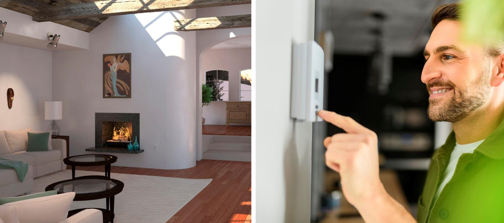 Links: Ein gemütliches Wohnzimmer mit weißen Wänden, Kamin, Holzböden und Tageslicht. Rechts: Ein lächelnder Mann stellt einen intelligenten Thermostat an der Wand ein.