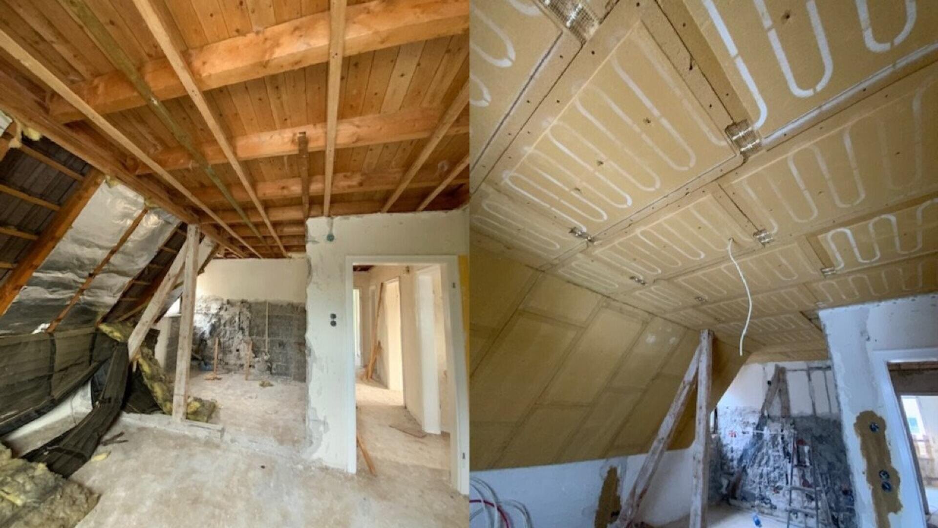 A split image shows a room under renovation: the left side features exposed wooden beams and insulation, while the right side displays a partially finished ceiling with installed heating panels and exposed wiring.