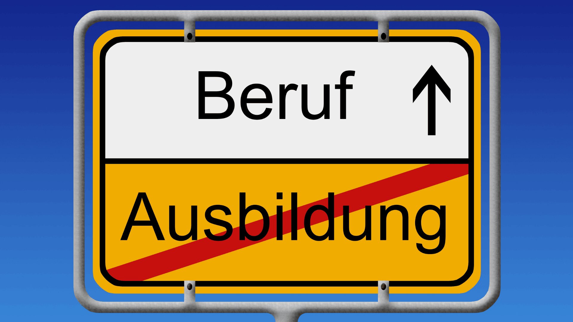 Ein deutsches Verkehrsschild mit der Aufschrift „Beruf“ und einem nach oben gerichteten Pfeil sowie einer rot durchgestrichenen „Ausbildung“ symbolisiert den Übergang von der Ausbildung zum Beruf oder zur Karriere.