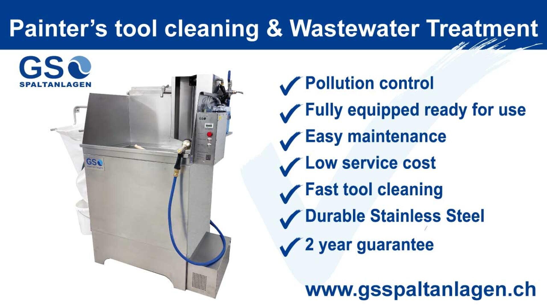 Stainless steel painter’s tool cleaning and wastewater treatment machine beside a list of features like pollution control, easy maintenance, fast cleaning, 2-year guarantee, and the website www.gsspaltanlagen.ch.