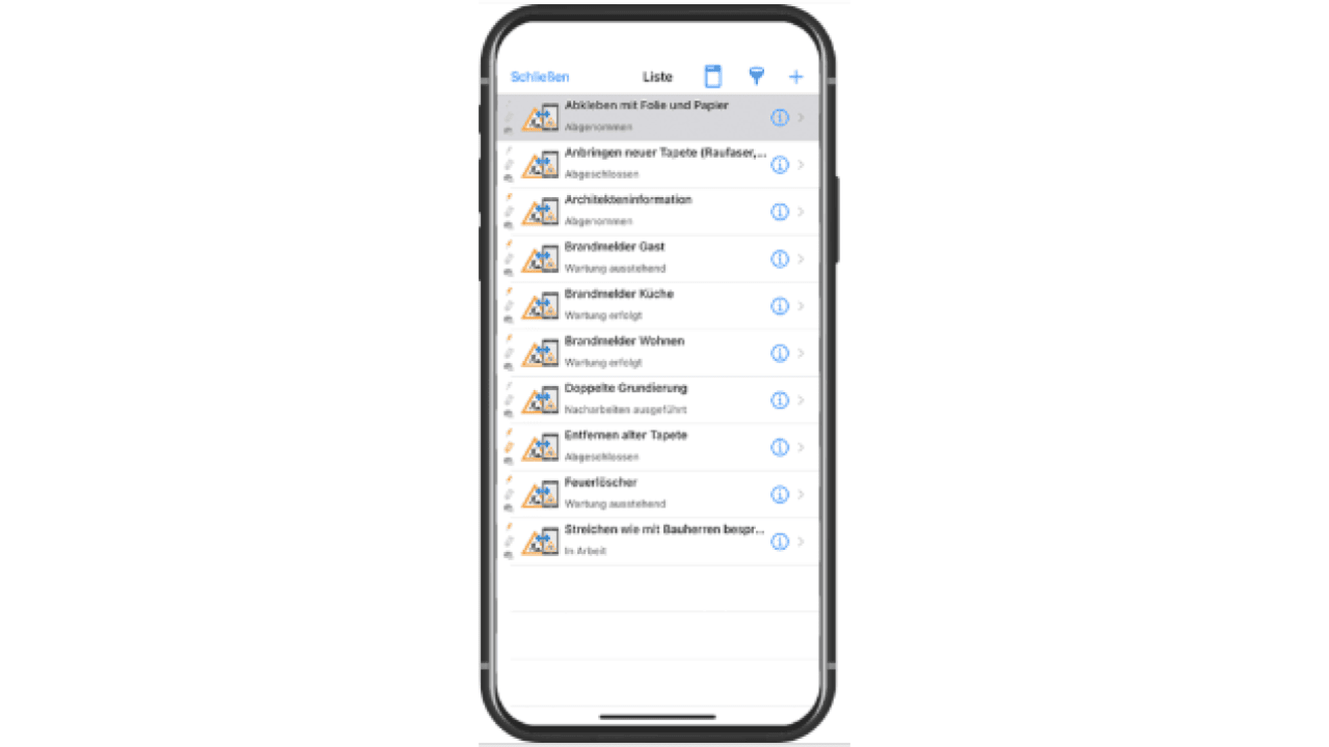 A smartphone screen displays a German-language app with a list of tasks, each marked by a triangular caution icon. Tasks include phrases like Abkleben mit Folie und Papier and Angerissenelemente.