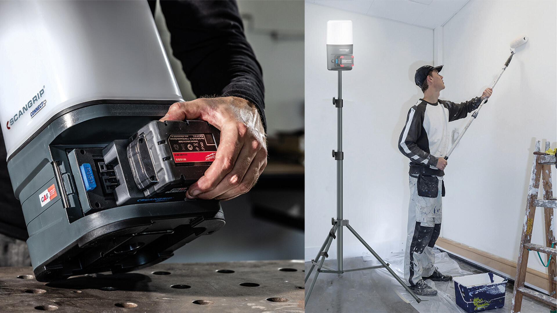 A person inserts a battery into a portable work light (left). On the right, a painter uses a roller to paint a wall, illuminated by the bright work light on a tripod.