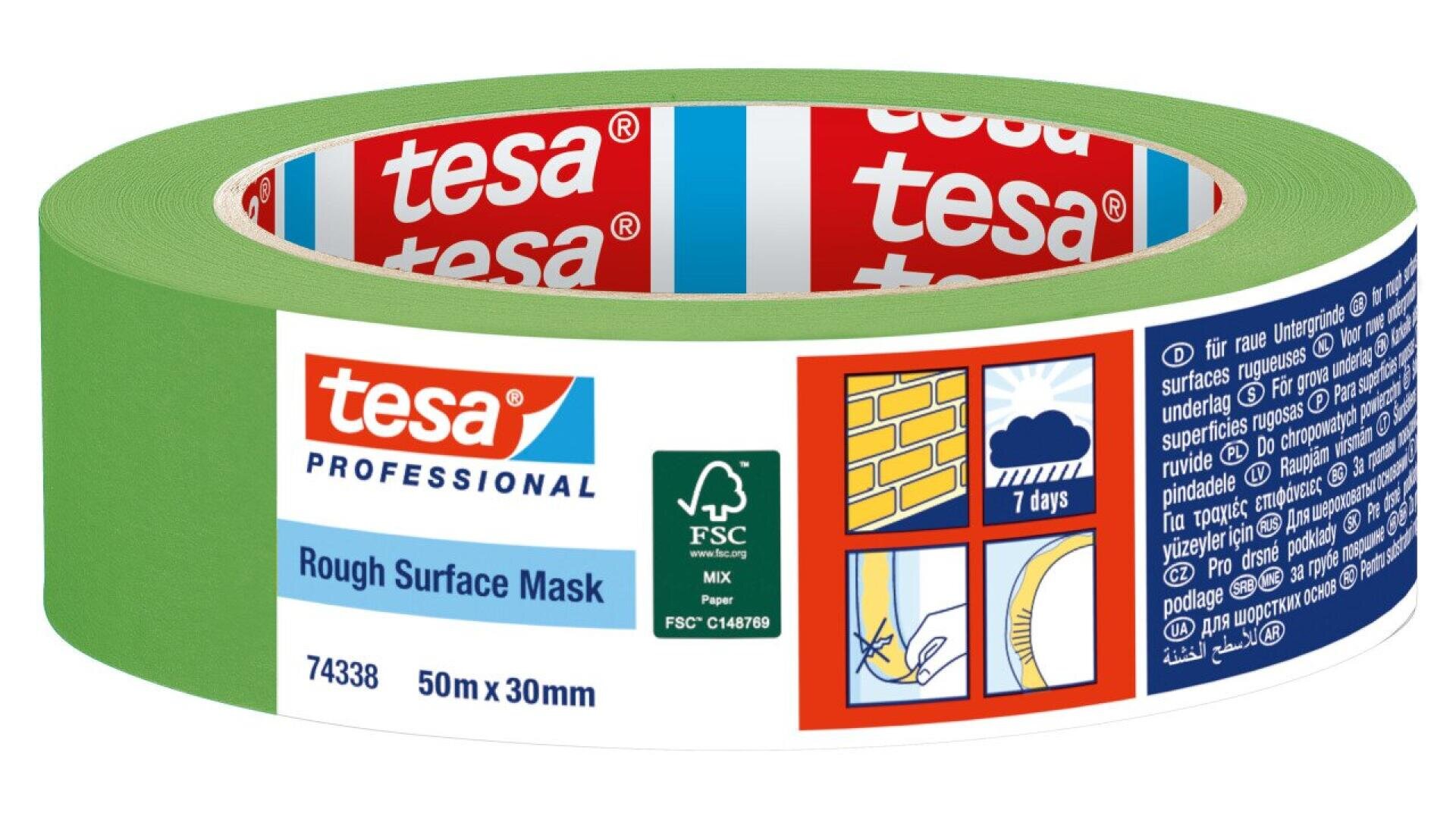 A roll of green Tesa Professional Rough Surface Masking Tape, 50 meters by 30 millimeters, with a label showing usage instructions, product name, and an FSC certification logo.