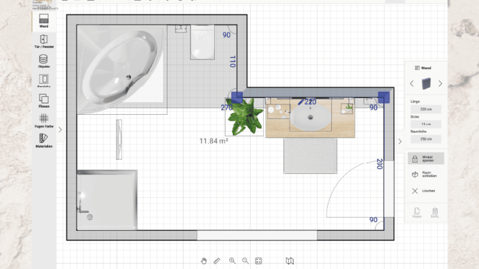 Ein digitaler Badezimmergrundriss zeigt Badewanne, Toilette, Waschbecken mit Unterschrank, Topfpflanze, Tür und Fenster. Maßangaben und Design-Tools erscheinen an den Rändern des Plans.
